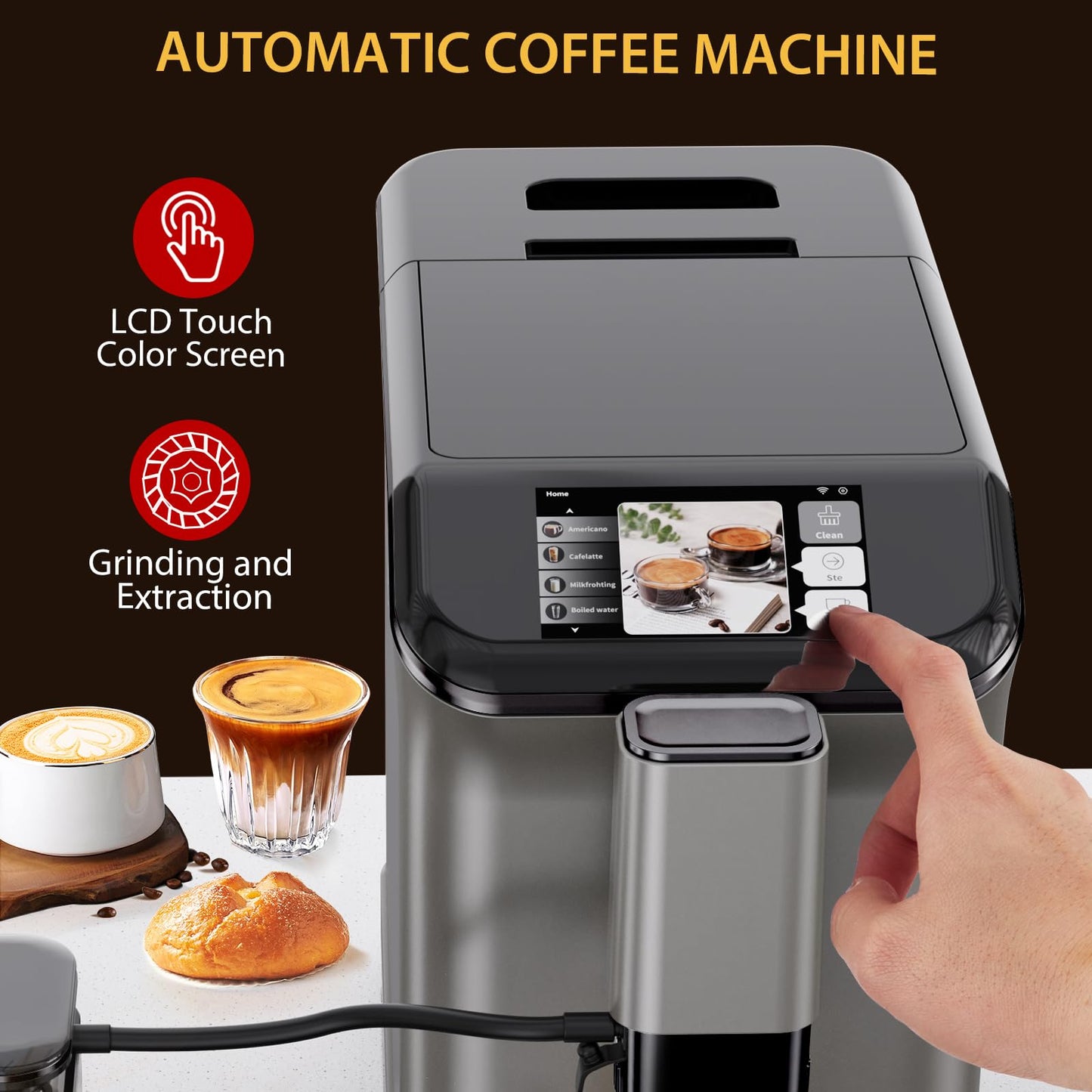 Automatic Espresso Machine with 20 Bar Pressure – One-Touch Coffee Maker, Built-in Grinder & Milk Frother, 6 Custom Recipes, 1.5L Water Tank, Auto Self-Cleaning, 120V for Home & Office (Grey)
