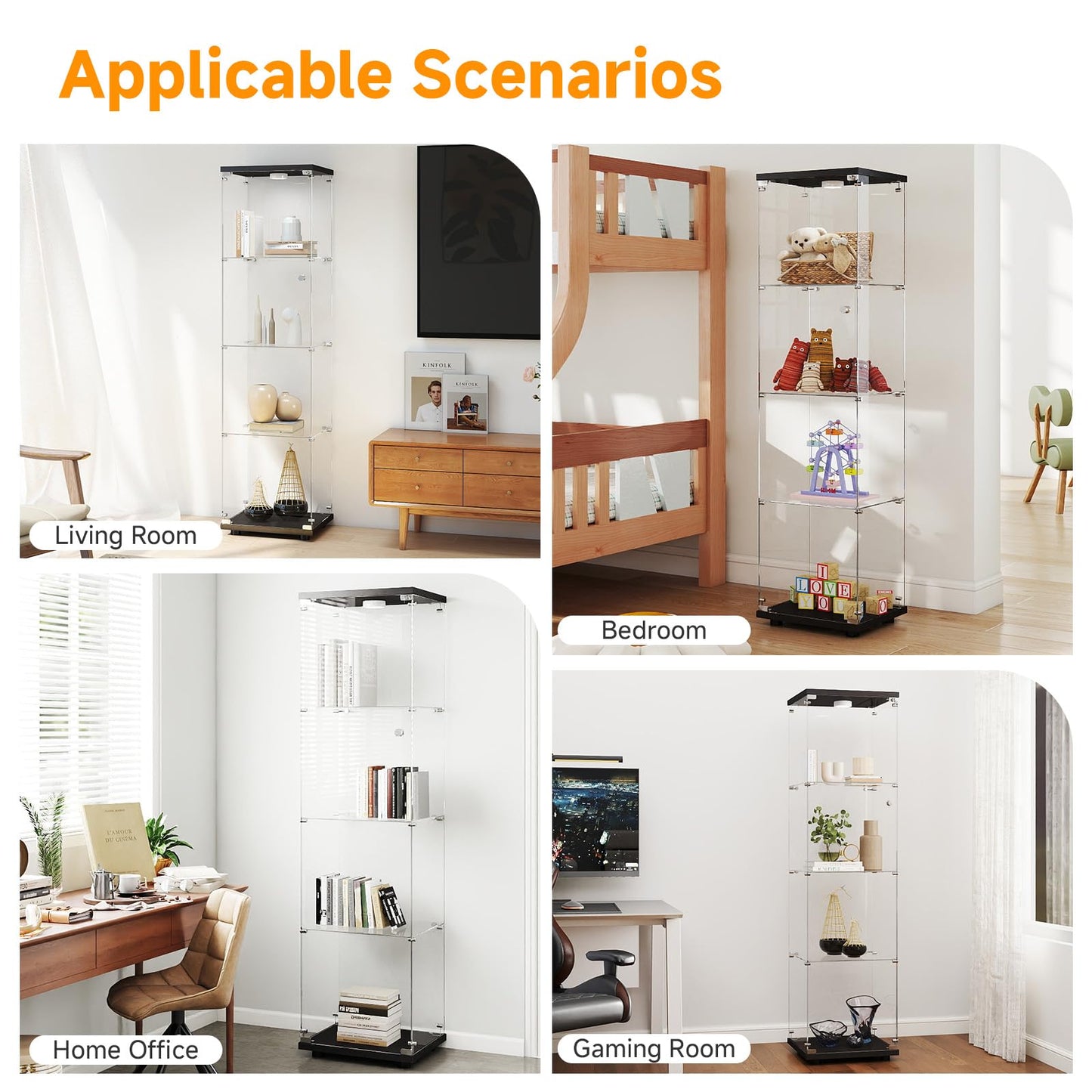Zevemomo Tempered Glass Display Cabinet with Lights, 4-Tier Curio Cabinet with Glass Doors and Lock, Glass Display Case for Collectibles, for Living Room, Office, Bedroom, Single Door, Black