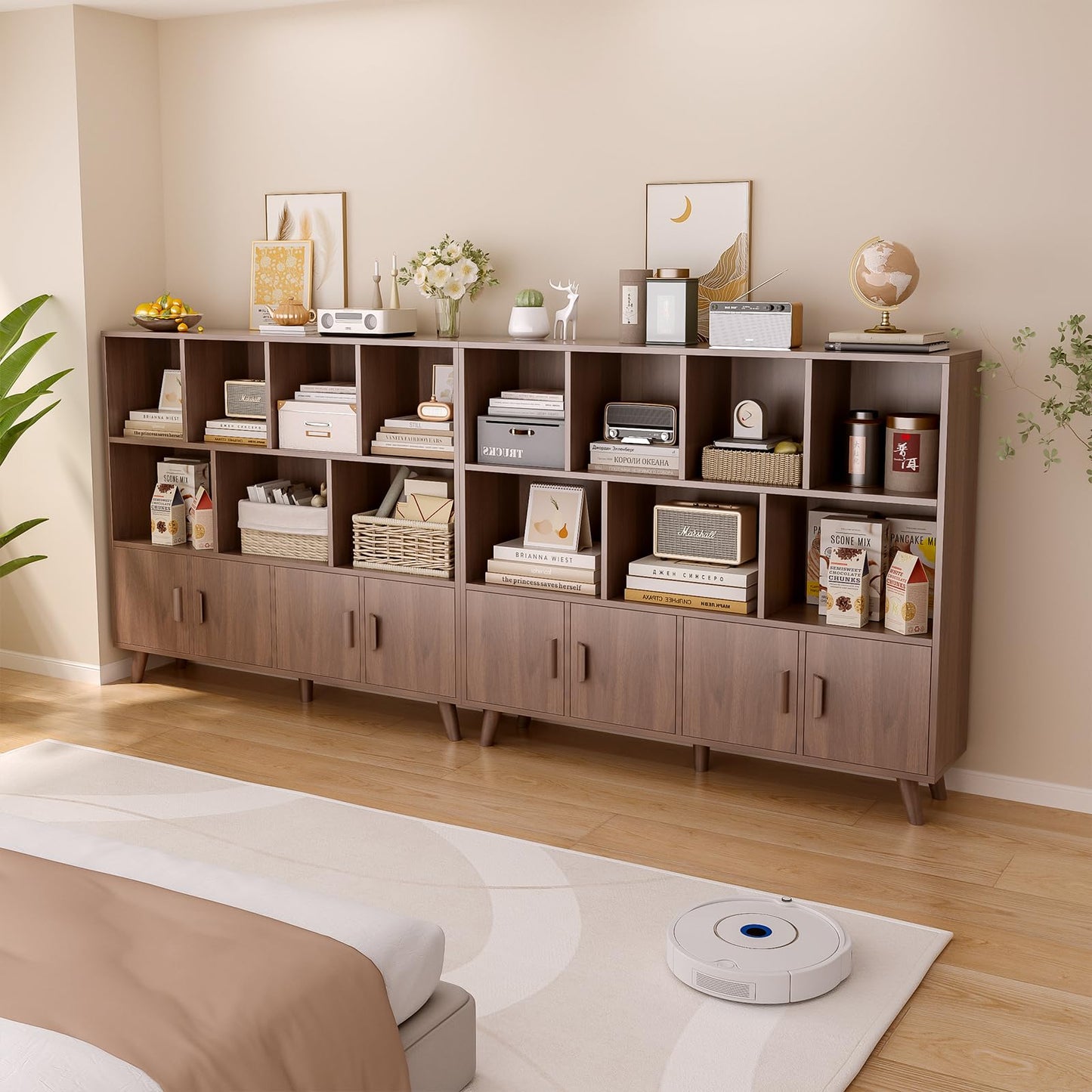OSCHF Cubby Shelf Bookcase with Doors - Wooden 11 Cube Floor Standing Open Bookshelf with Solid Wood Legs, 3-Tier Storage Cabinet, Walnut