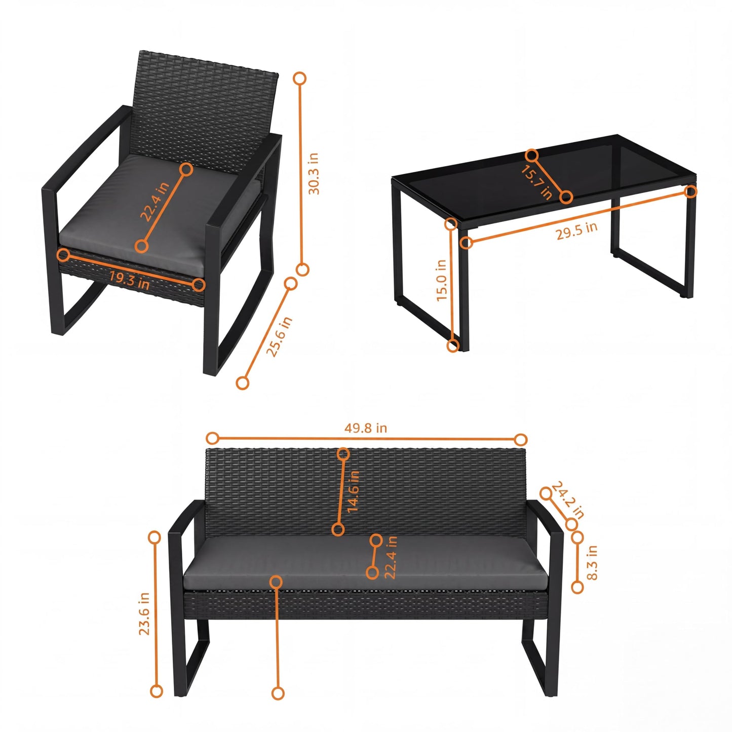 Garvee 4 Piece Patio Furniture Set, PE Rattan Outdoor Rocking Chair Conversation Set with Coffee Table, Outdoor Wicker Patio Table and Chairs Set for Patio, Porch, Backyard, Grey