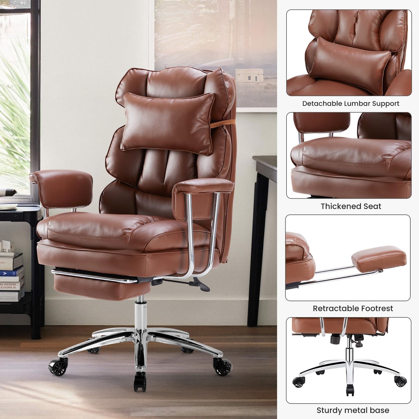 OLIXIS Home Office Desk Chair Comfy with Foot Rest, PU Leather Ergonomic Big and Tall High Back Support, 360° Swivel Wheels, Armrests and Detachable Pillow, Height Adjustable, Modern Brown