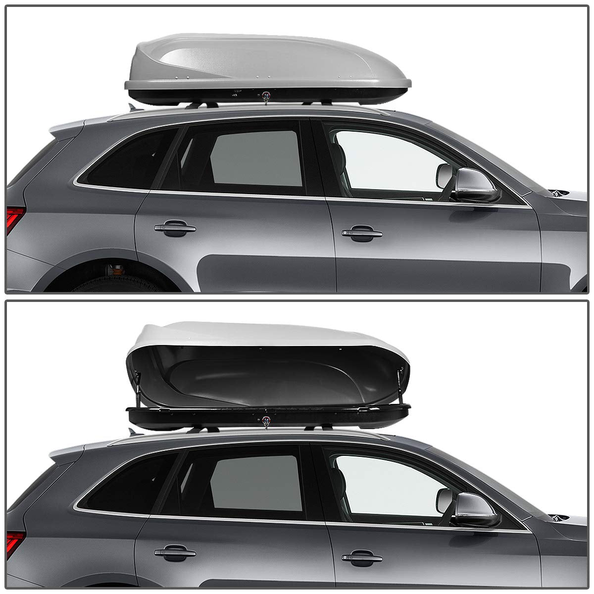 DNA MOTORING Rooftop Cargo Box Carrier Compatible with 09-16 Audi Q5, Lockable Waterproof Hard Shell Top Mount Carrier w/Lock+Keys + Pair Aluminum Roof Rail Cross Bars, Grey, PT-ZTL-8092-GY