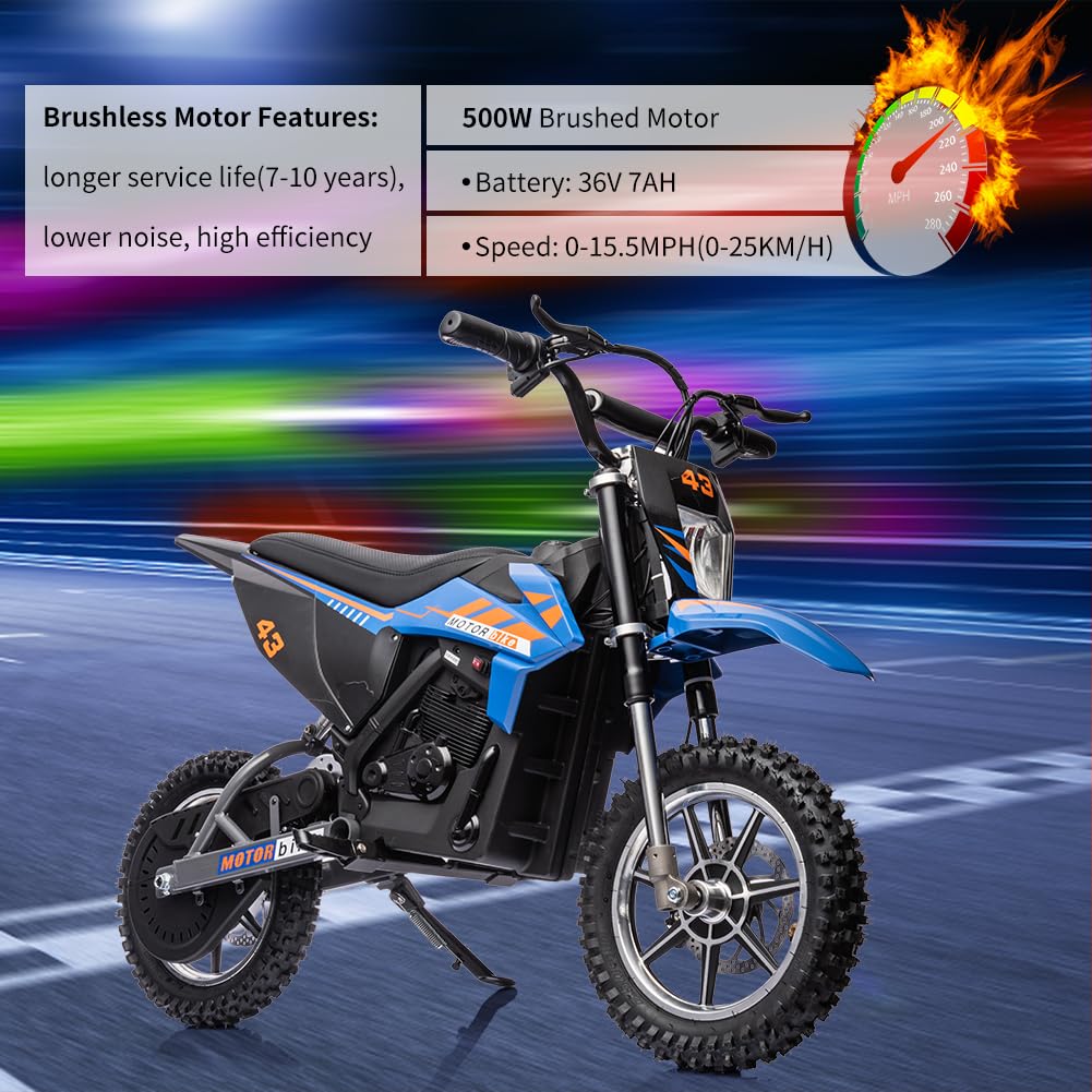 36V Ride on Dirt Bike for Kids,Fast Speed Electric Battery-Powered Off-Road Motorcycle 500W Motor,15.5MPH,Max Load 175 lbs,LED Light,Leather Seat,Disc Brake,Air-Filled Tires,Blue