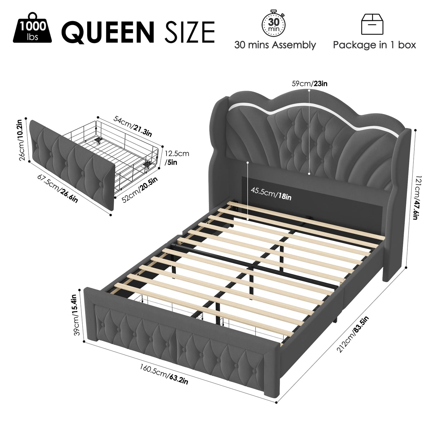 Keyluv Queen Bed Frame with LED Lights and 2 Storage Drawers, Velvet Upholstered Platform with 47" Tall Arc-Shaped Wingback Headboard and Button Tufted Design, No Box Spring Needed, Noise-Free, Gray