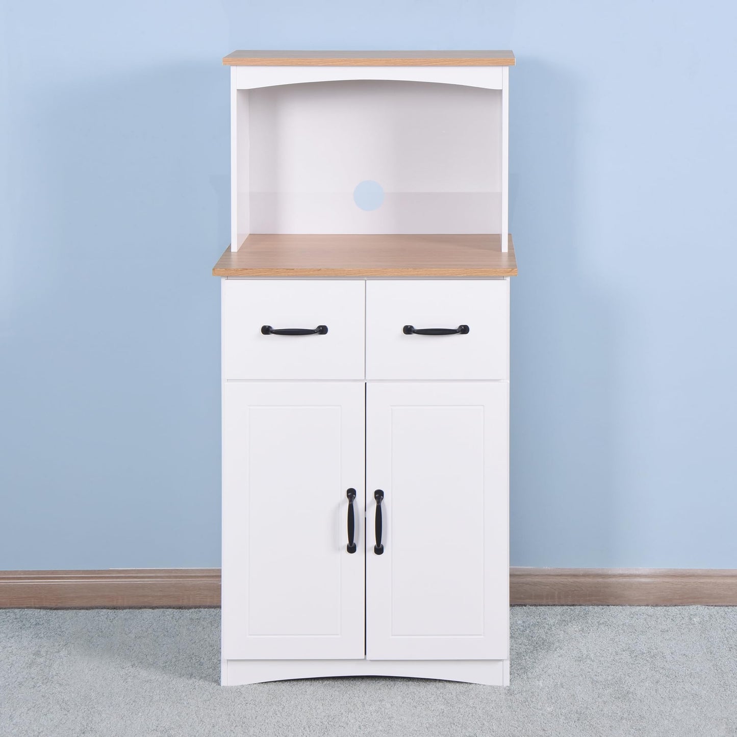 GDFStudio Wooden Kitchen Pantry Cabinet with Microwave Stand & Storage Drawer, Modern MDF Storage Cabinet with Adjustable Shelf, 2 Doors, Rectangle Home Organization Cupboard, White