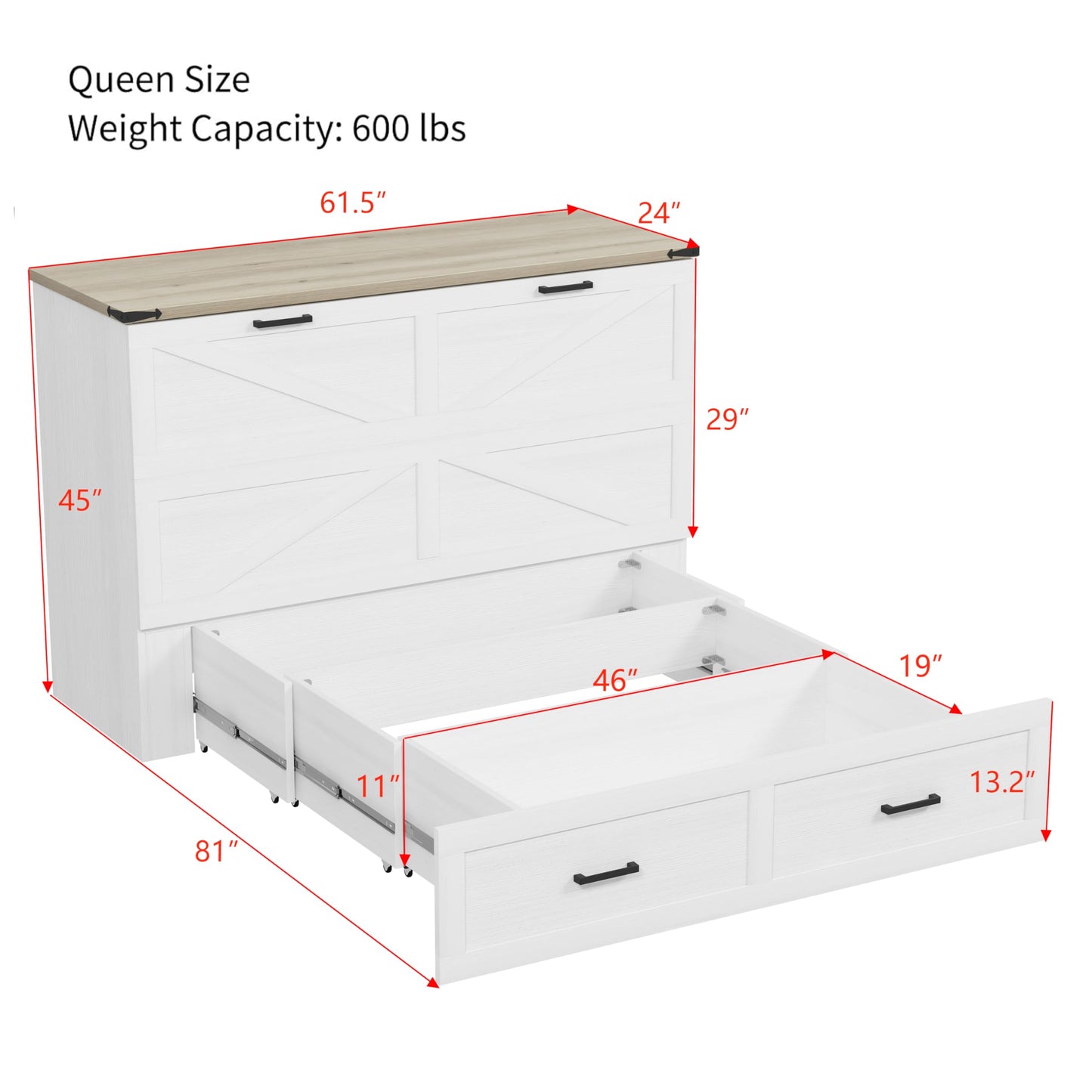 Merax Modern Farmhouse Solid Wood Murphy Cabinet Bed with Charging Station, Foldable Wall Platform Bed with Storage Drawer/No Box Spring Needed/Easy Assemble/Queen, White