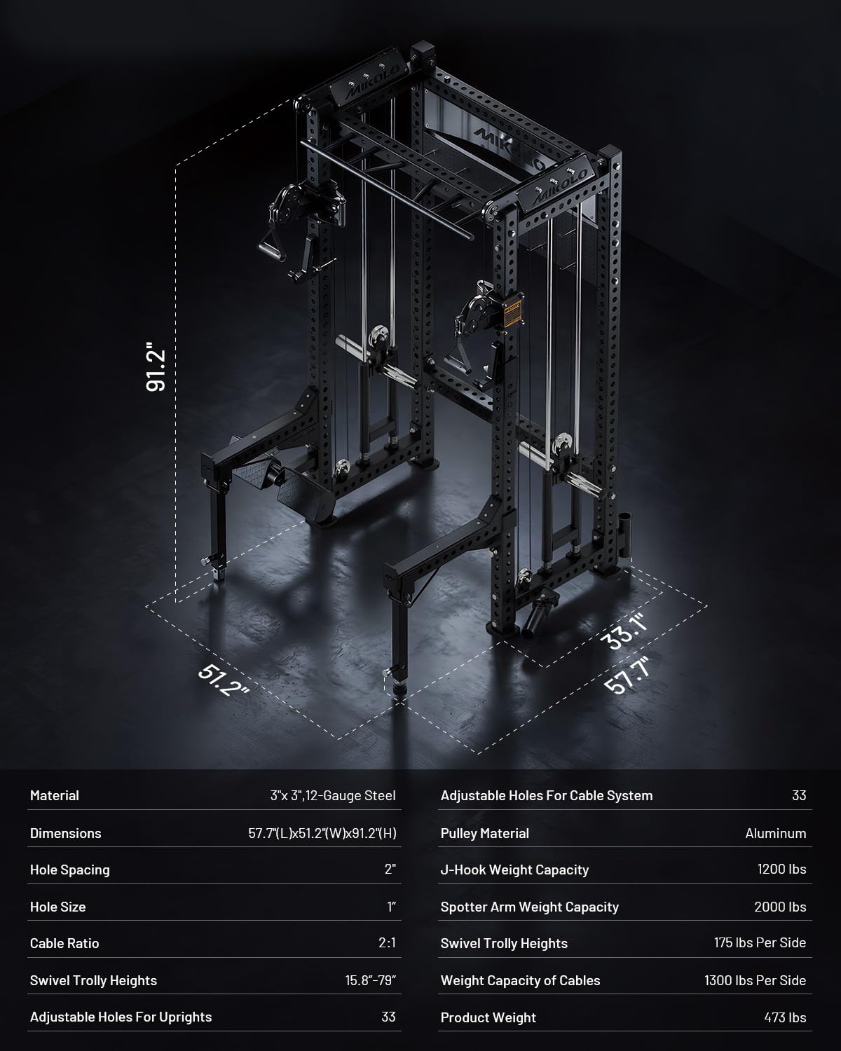 Mikolo Anubis-2.0 Standard Smith Machine, 3200LBS Power Cage with LAT Pulldown&Cable Crossover, Multi-Function Trainer with Aluminum Pulley System for Fitness Home Gym