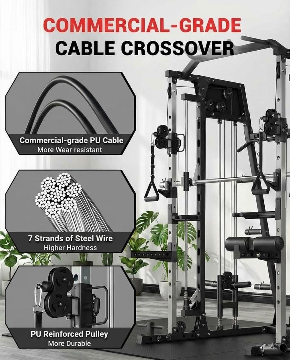 Smith Machine Home Gym All-in-1, 2200LBS Power Cage with Dual Cable Pulley Systems, LAT Pull-Down & Leg Hold-Down | Complete Strength Training Equipment for Full Body Workouts