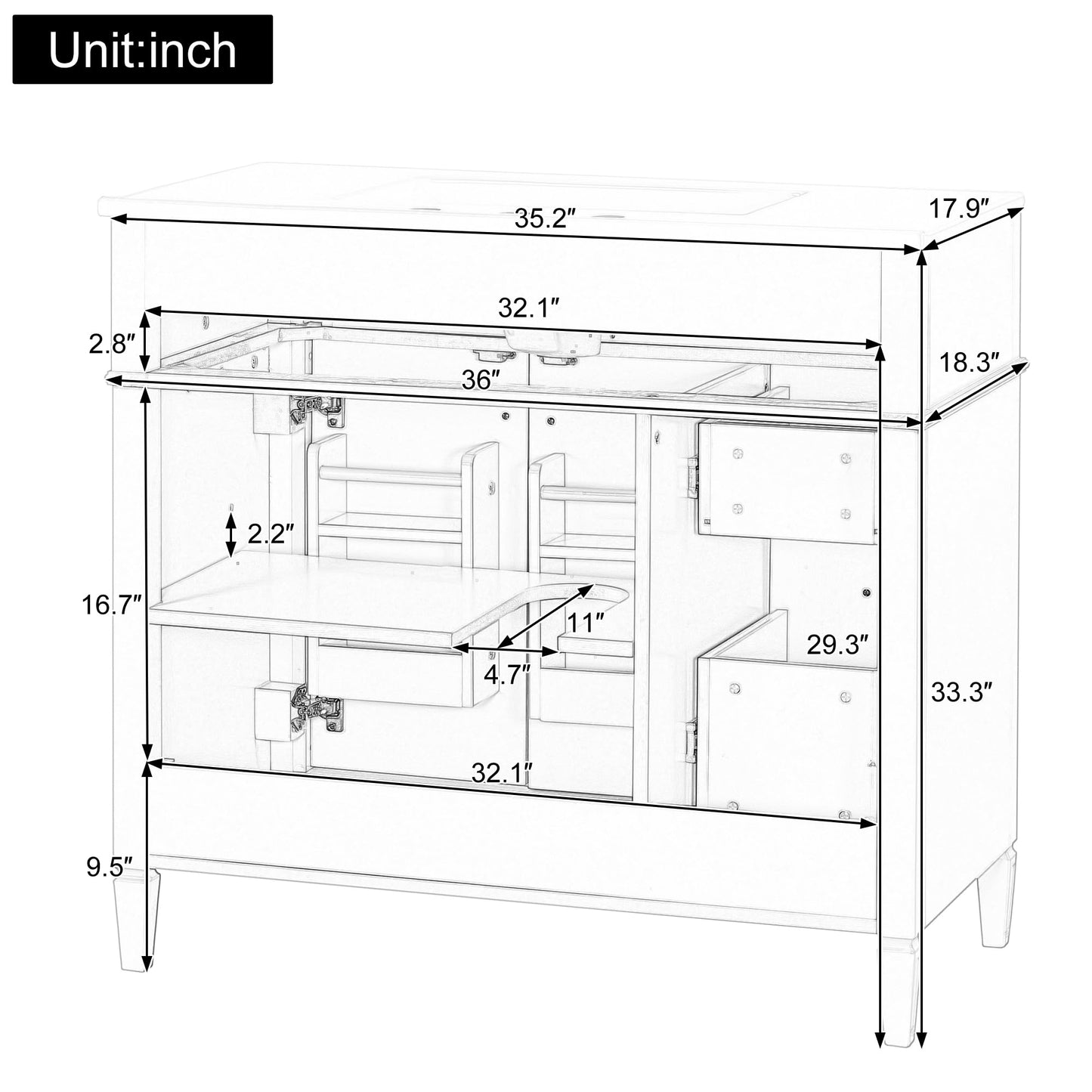 36" Bathroom Vanity Cabinet with Ceramic Countertop Sink Combo Set, Solid Wood Frame, Tilt-Out Drawers and Left Side Drawers, Soft Closing Door Hinges, Modern Style, White
