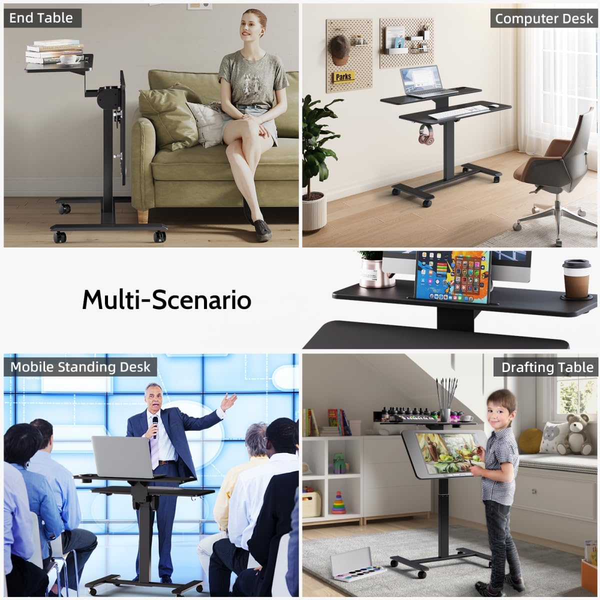 TecbL Pneumatic Standing Desk with Wheels - Adjustable Height 28" - 46" & 0-90° Tilt, 31.5" x 17.7" Skin-Feel Desktop, Rolling Computer Desk for Home Office, Hospital, School (Black)