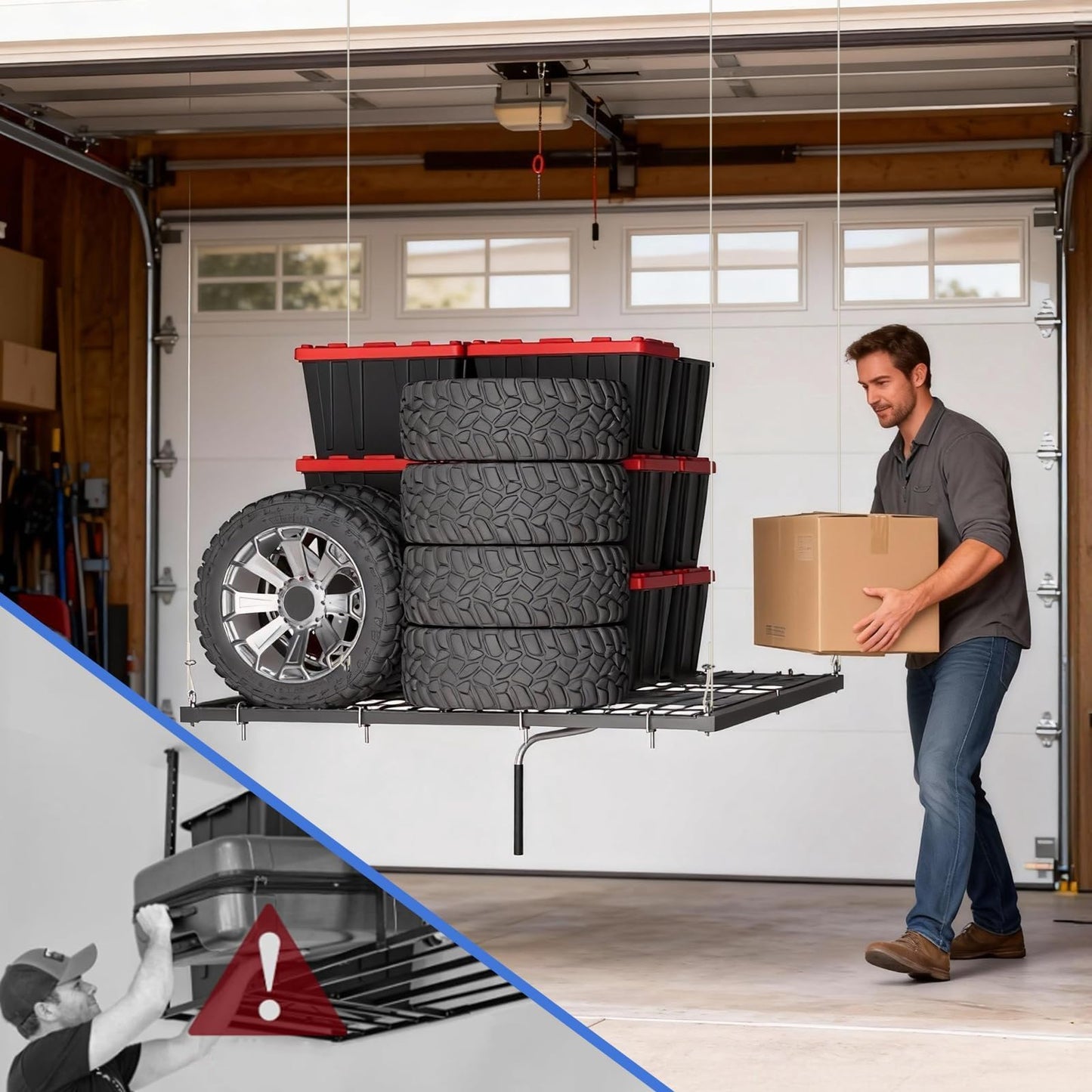 EliteEdge 4x4 FT Overhead Garage Ceiling Storage Rack, 350 LBS Heavy-Duty Lift Elevator System with Smooth Hand Crank, Space-Saving Hoist Organization for Bins, Tools & Seasonal Gear
