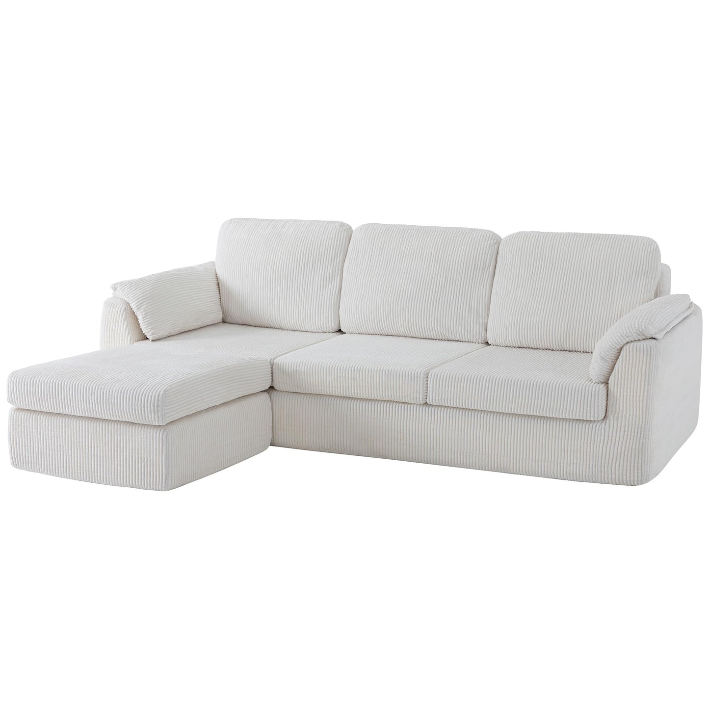 Vongrasig Boneless Convertible Sectional Sofa Couch, 3 Seat L Shaped Sofa with Removable Pillows Plush Corduroy Fabric Small Couches for Living Room, Apartment and Office, White