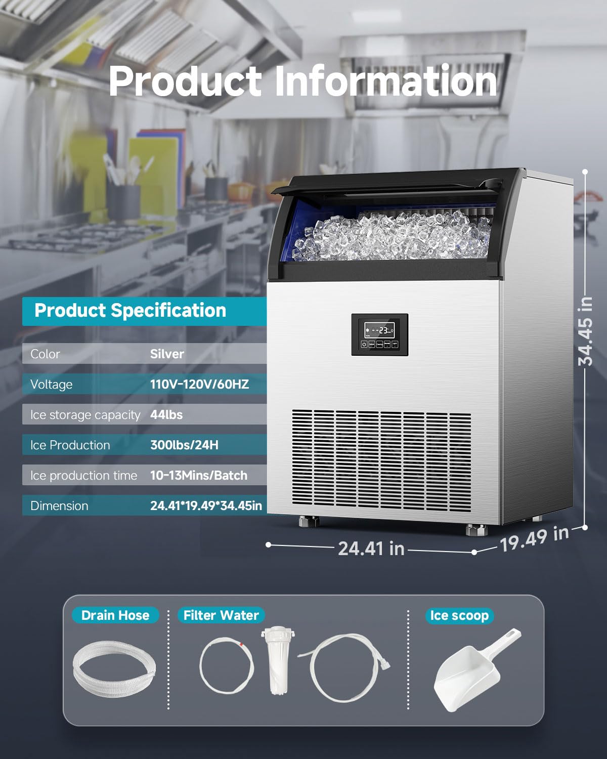 EUHOMY Commercial Ice Maker, 300lbs/24H, Stainless Steel Under Counter Freestanding Ice Machine with Water Filter, 44lbs Storage Capacity, 126 Cubes in 8-12 Mins for Home/Bar/Cafe/Restaurant