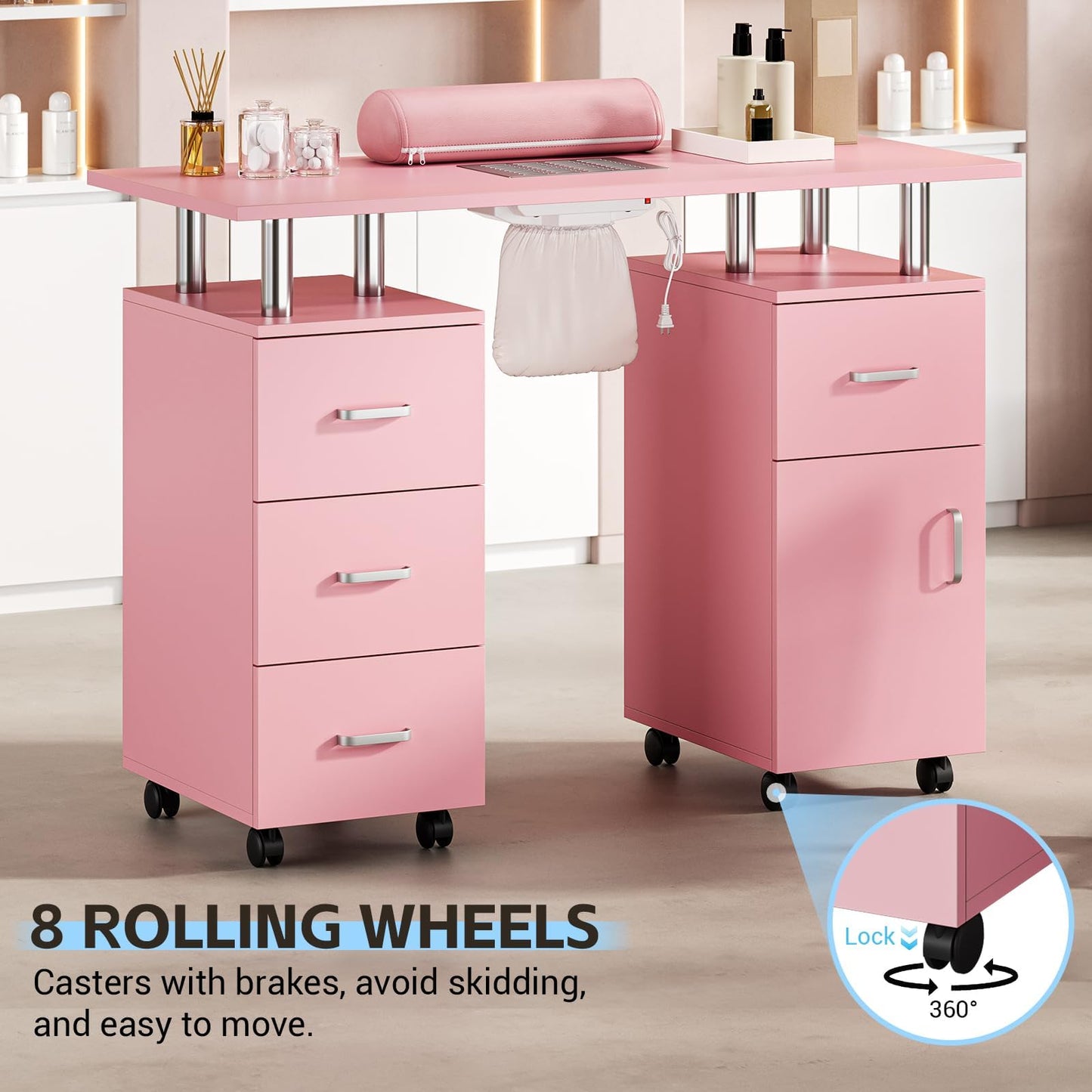 PeacefulHues Manicure Table Nail Desk, Nail Station with Electric Dust Collector, Wrist Rest and Storage Drawers Cabinet, Beauty Salon Workstation for Nail Tech, Pink