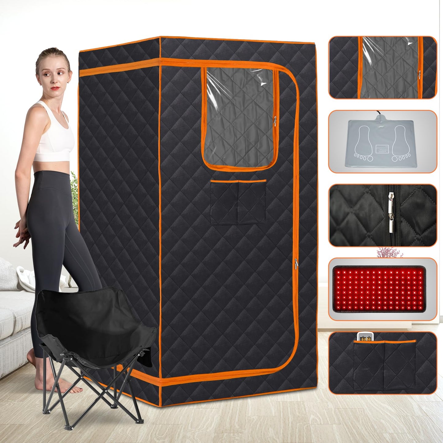 Smartmak Portable Infrared Sauna,1 Person Infrared Sauna Box with 660nm Red Light Therapy, Full Size Sauna Tent for Home, Foot Heating Pad, Folding Chair (Orange-1Person)