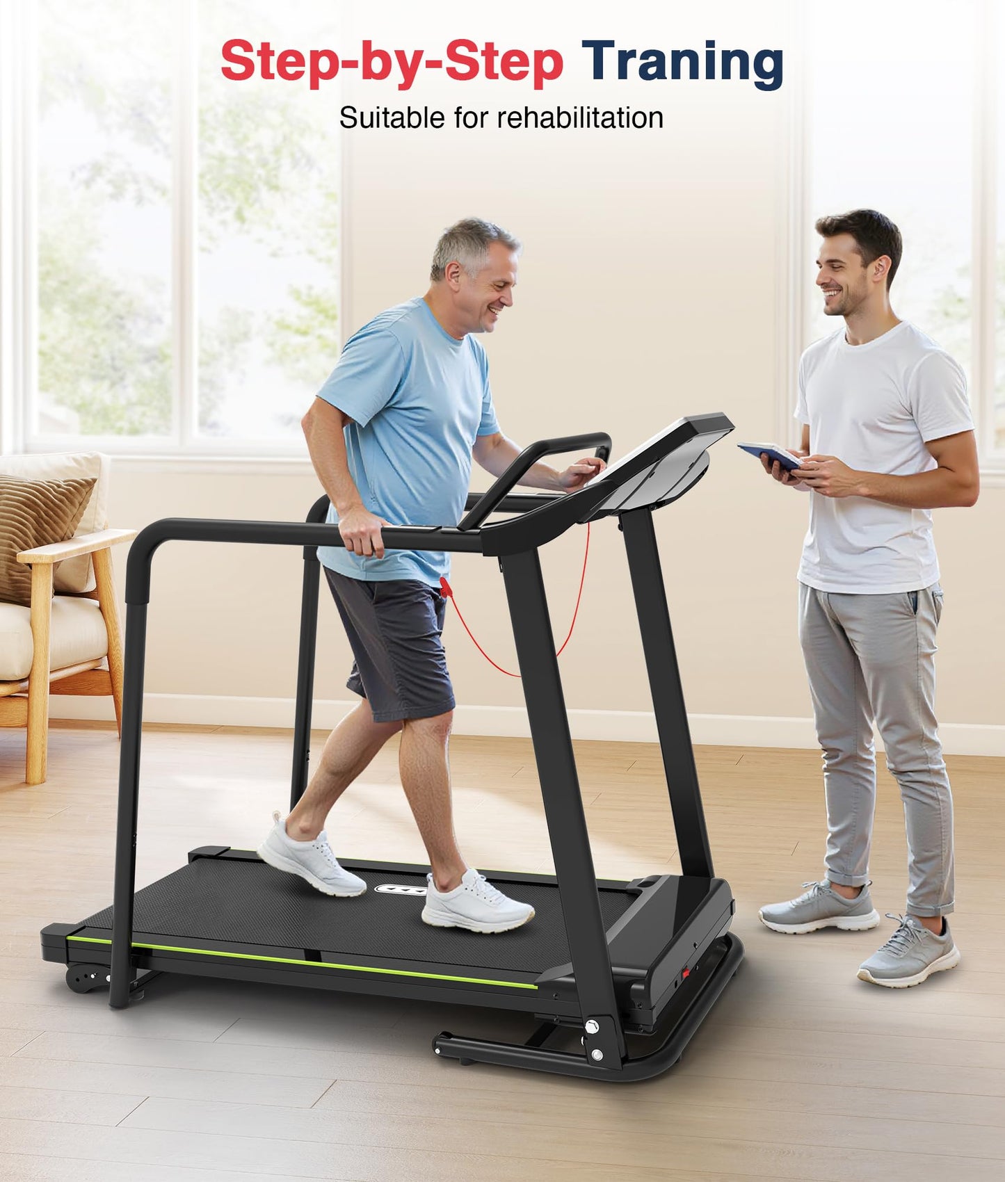 Redliro Walking Treadmill for Seniors with Long Handrails - 0.3 MPH Slow Start, 300 lb Capacity Recovery Foldable Treadmill for Home, 0–2% Incline Fully Flat, Auto Lubrication