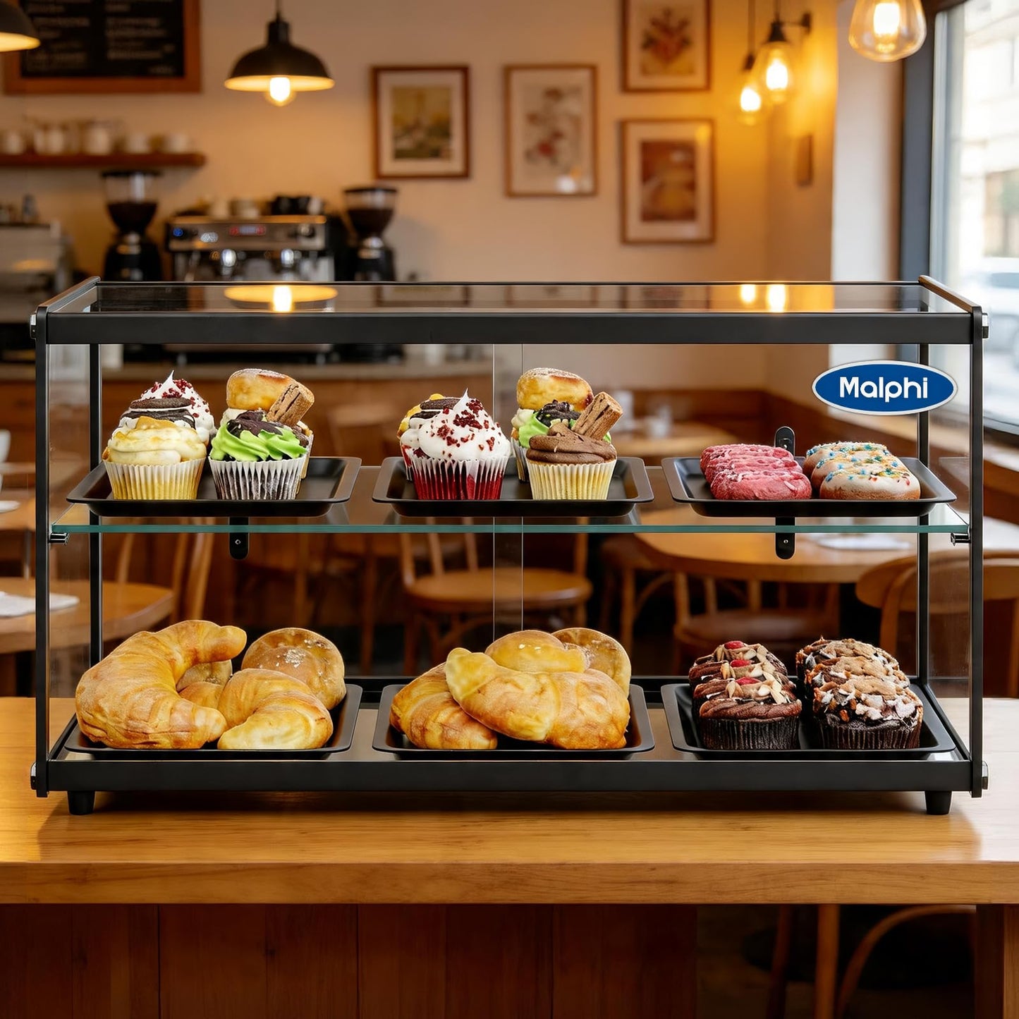 Malphi 29in. Tiered Pastry Bakery Display Case with Glass Shelf and Sliding Door,3cu. ft. Capacity|Large Bread Cookie Display Box | 29.3" x 15.3" x 15.4"
