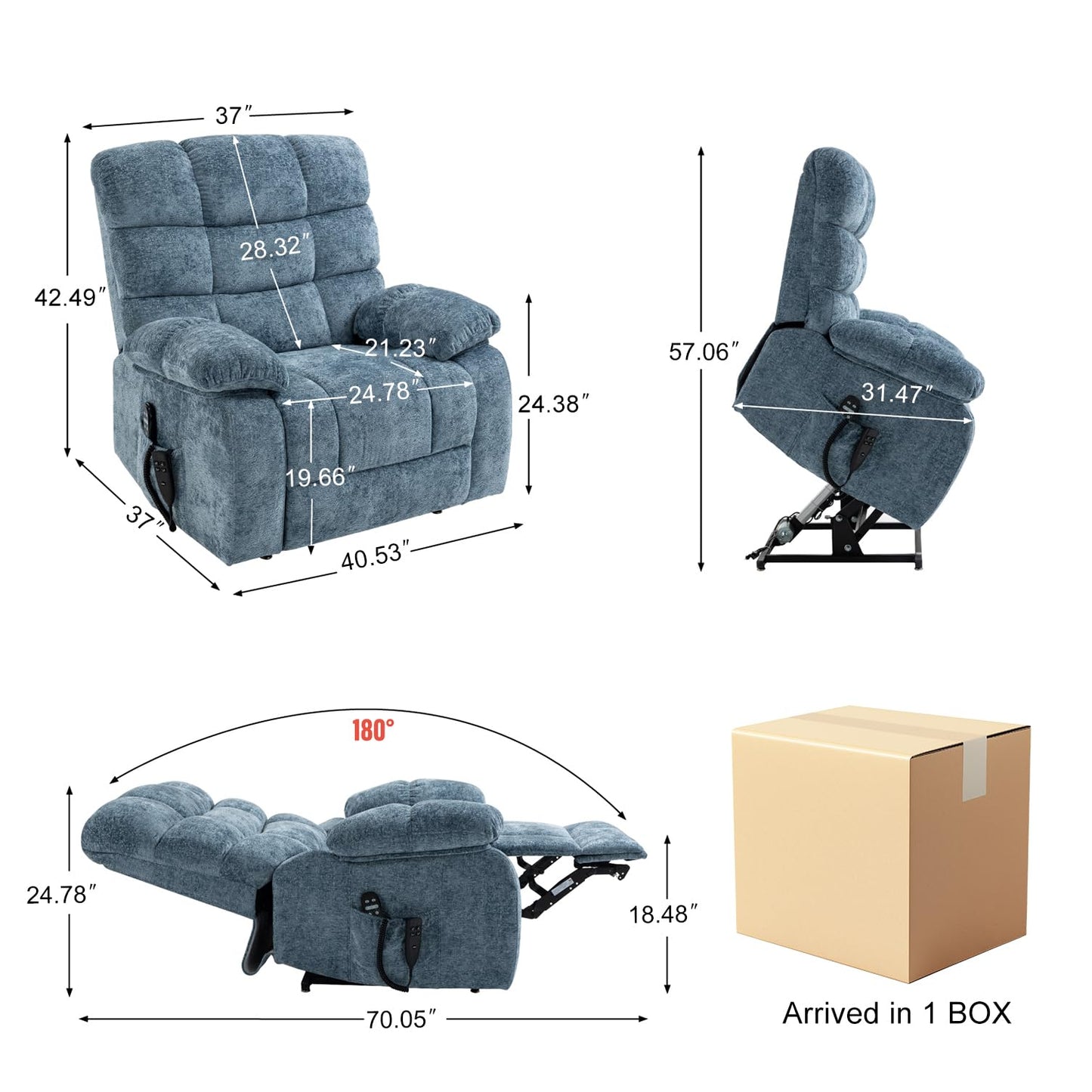 RHHVVR Oversized Power Lift Recliner Chair for Elderly, Dual Motor Lay Flat Recliner Big Chair with Massage and Heating, Chenille Electric Recliner Chairs for Living Room, Medium-Firm, Blue