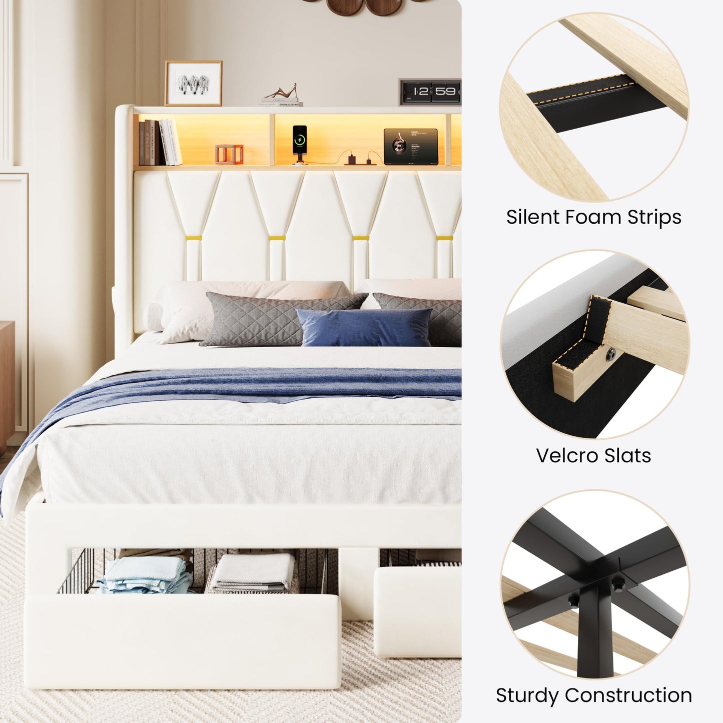 SHA CERLIN Queen Velvet Platform Bed Frame with 2 Storage Drawers, LED Storage Headboard with Charging Station, Upholstered Wingback Headboard, Noise-Free, No Box Spring Needed, Easy Assembly, White
