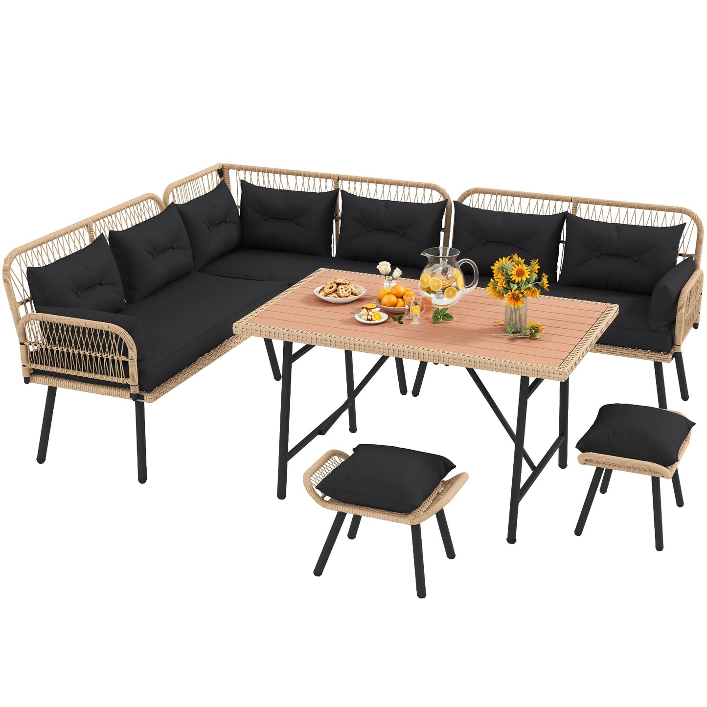 DWVO 9-Piece Patio Furniture Set Couch L Shape Outdoor Couch with Soft Cushions, Ottomans & Dining Table All-Weather Rattan Patio Conversation Set Outdoor Patio Sectional for Backyard Garden