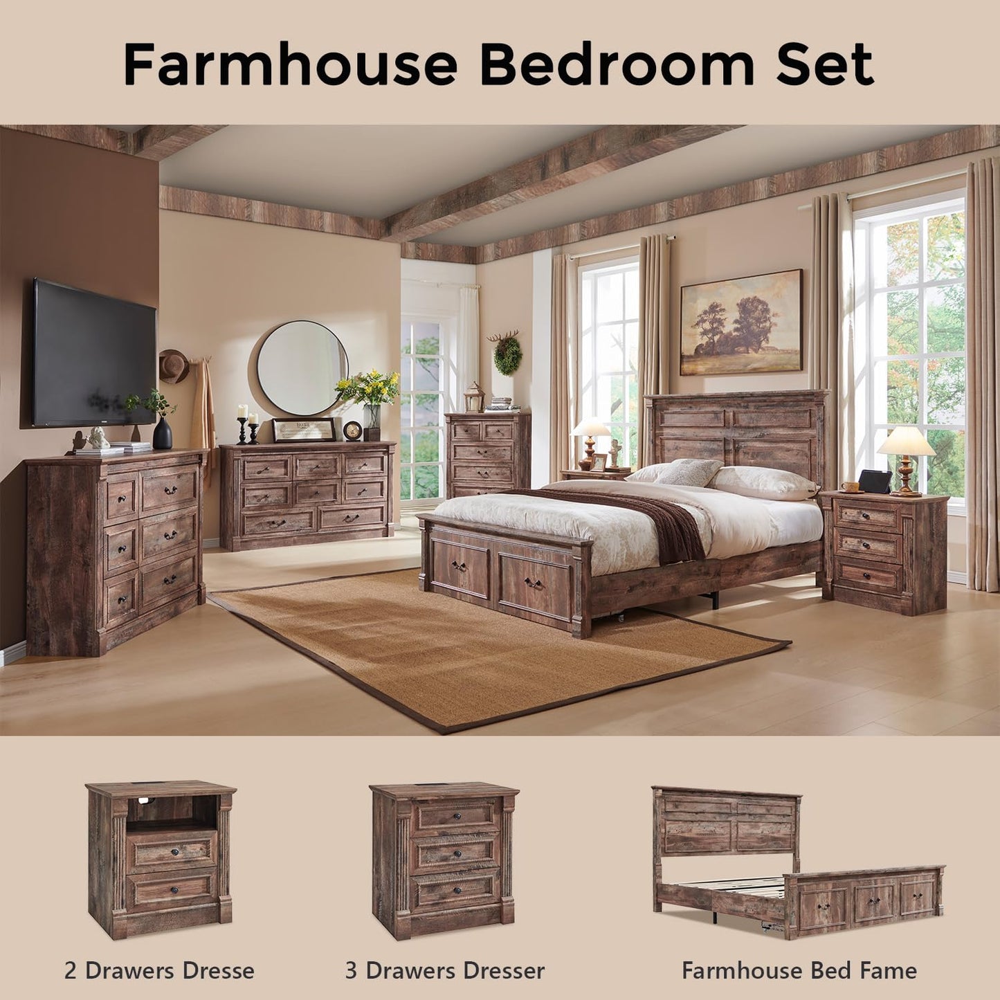 Aitjunz 26" Tall Farmhouse Nightstand, 3 Drawers End Table w/Charging Station, 23.6" Wide Large Side Table w/Roman Column, Wood Rustic Sofa Table for Bedroom, Light Brown