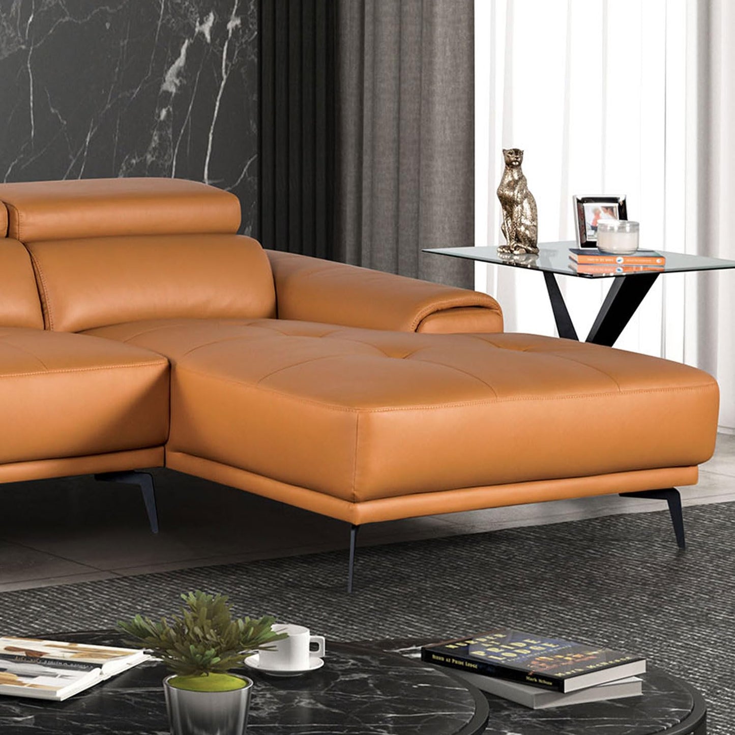 Furniture of America Lyndon Modern Leather Sectional Sofa with Chaise and Biscuit Tufted Cushion, L Shaped Comfy Couches for Living Room, Bedroom, FSC Certified, Right Facing, Light Brown
