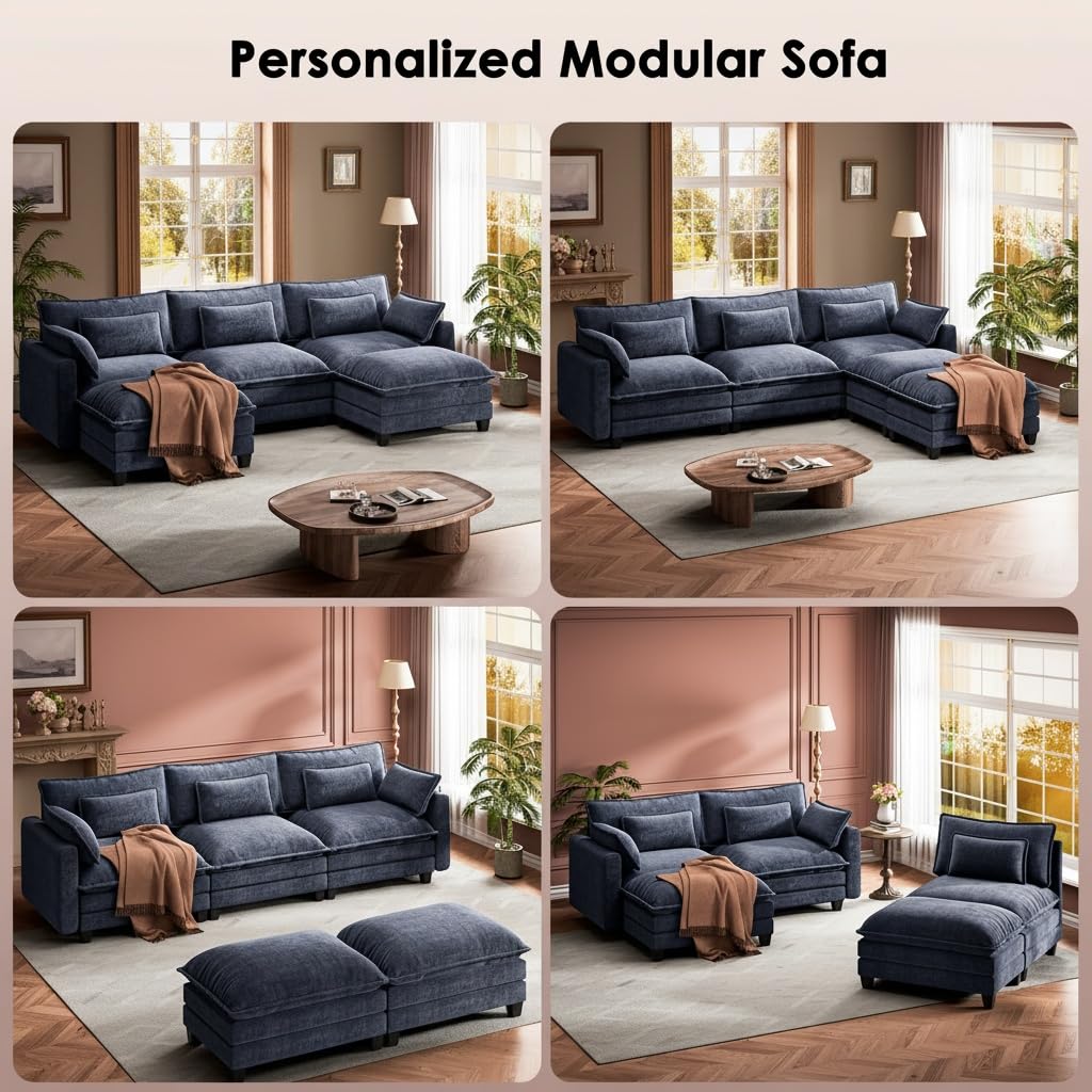 Marsail Modular Sectional Sofa 110.6" U-Shaped Modern Comfy Cloud Couch, 5-Seat Chenille Deep Seat Sofa with Throw Pillow & Movable Ottoman for Living Room, Bedroom and Apartment, Navy Blue