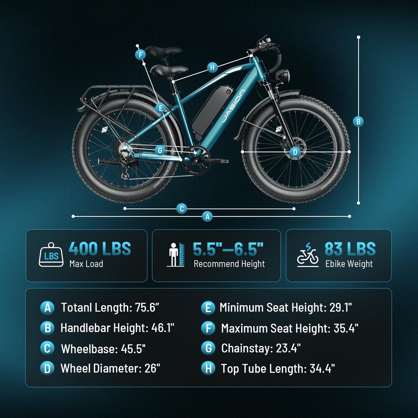 Jasion EB5 MAX Electric Bike for Adults with 2000W Peak Motor, 48V 15Ah (720Wh) Battery Electric Mountain Bike, 26'' x 4'' Fat Tire Ebike, 28+MPH Speed, Cruise Control, with Fenders, Rear Rack
