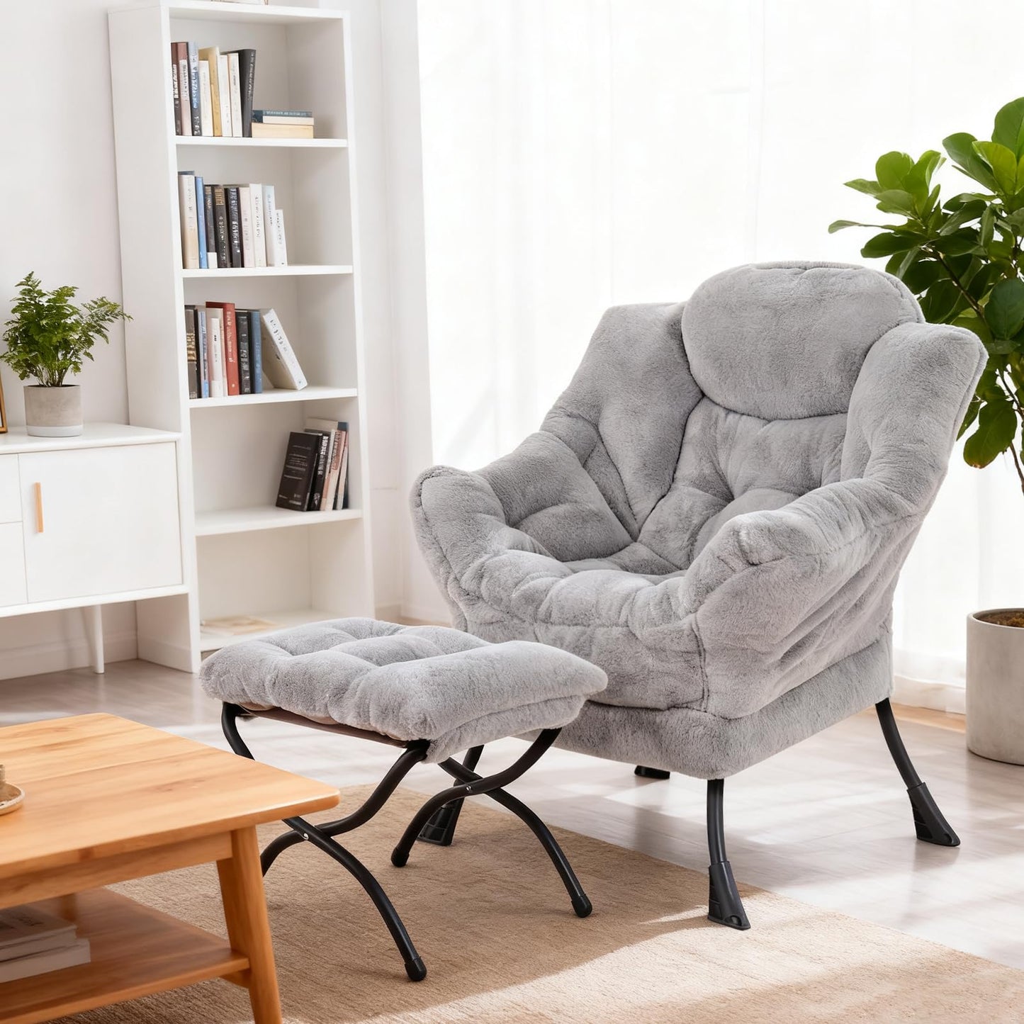 Welnow Lazy Chair with Ottoman, Modern Accent Chair with Armrests and a Side Pocket, Leisure Sofa Armchair, Reading Armchair with Footrest for Small Space, Plush Grey