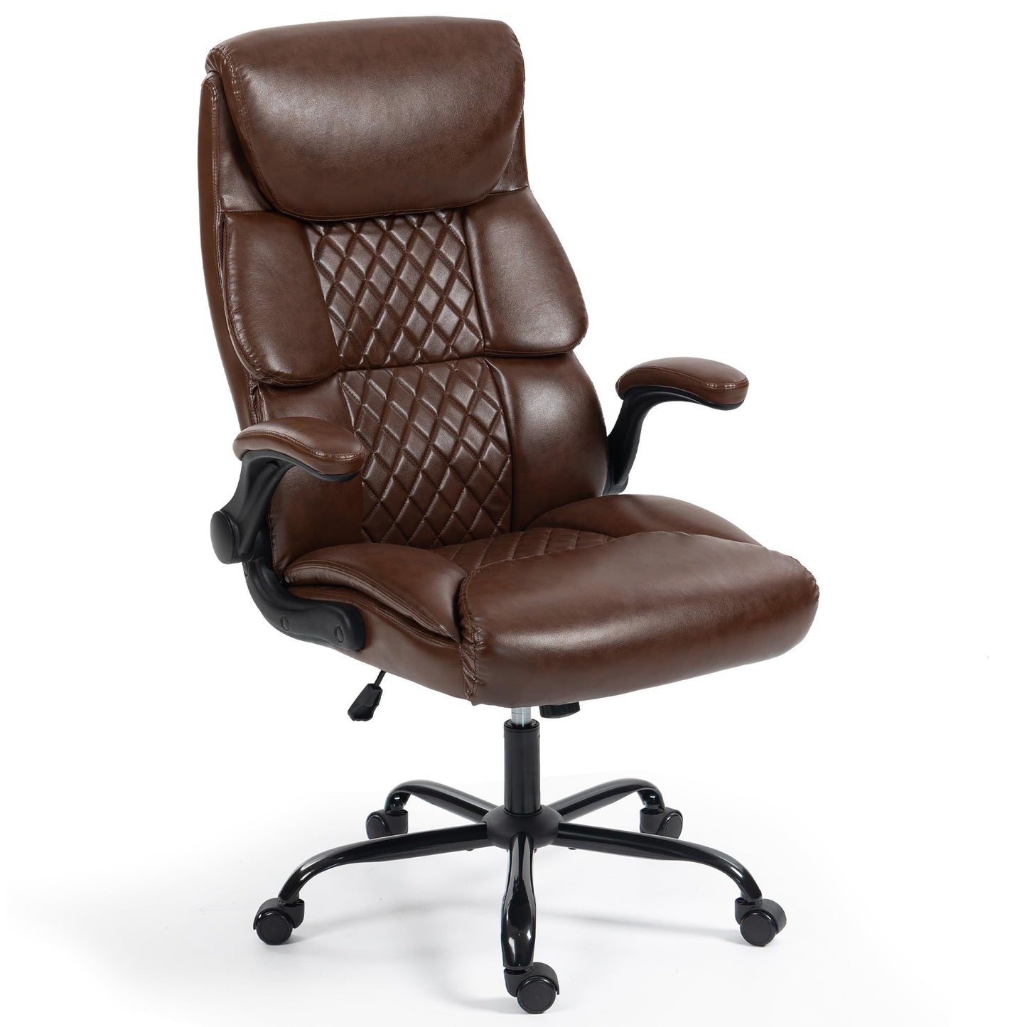 Office Chair - Ergonomic High Back Computer Desk Chair with Rocking Function & Lumbar Support - Executive Comfortable Wide Swivel Rolling Office Leather Chair with Flip-up Armrests for Home Gaming