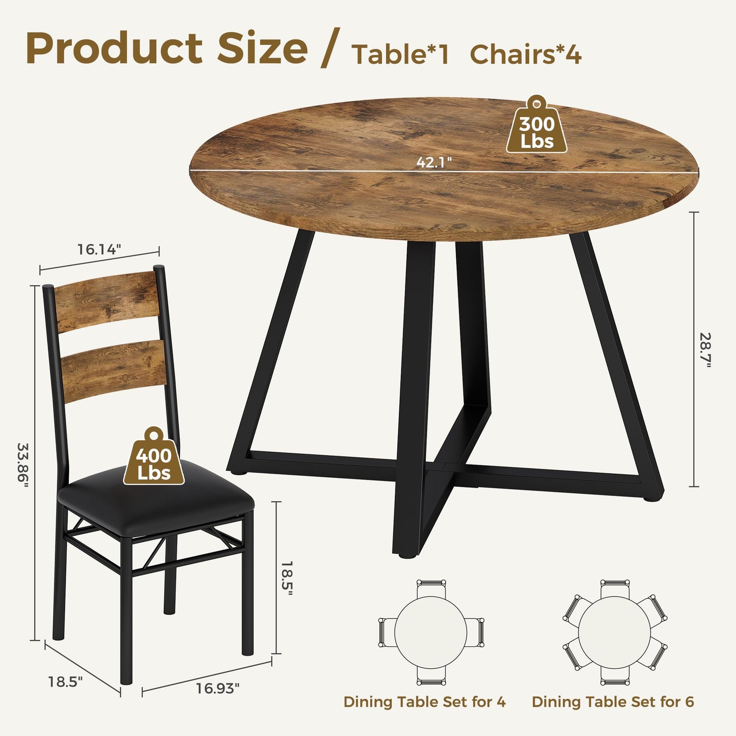 Garvee Round Dining Table Set for 4, 5 Piece Circle Wooden Kitchen Dinner Table & Chairs Set for 4, w/ 4 Unpholster Chairs, Sturdy Thick Frame, for Kitchen, Apartment, Small Space, Retro Brown