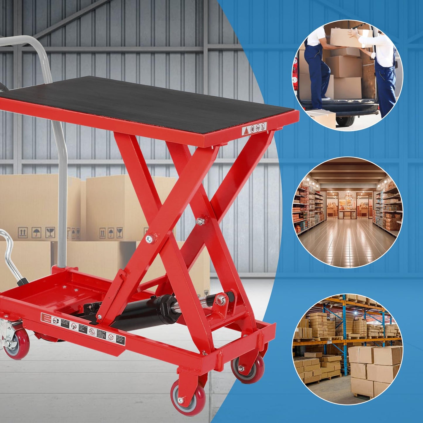 Garvee Heavy Duty Hydraulic Lift Table Cart 500LB Capacity, Single Scissor Lift Table with 28.5'' Lifting Height, Non-Slip Platform & Locking Wheels for Garage, Warehouse, Workshop, Red