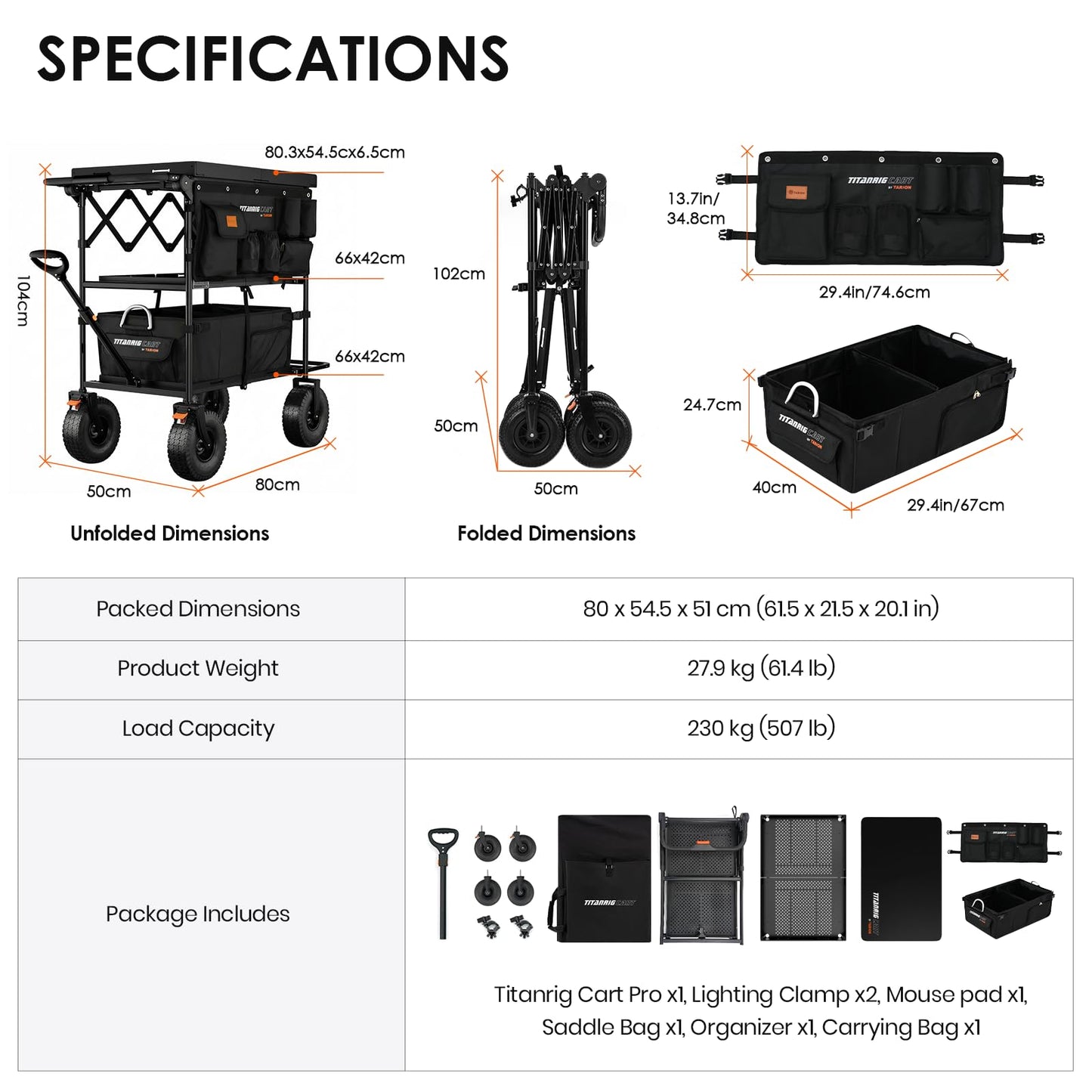 TARION Video Production Camera Cart - Foldable Photography Dolly with Inflatable Rubber Wheels and Wider Top Shelf - Heavy Duty Mobile Workstation with Storage Bins for Film Crew - Titanrig Cart Pro