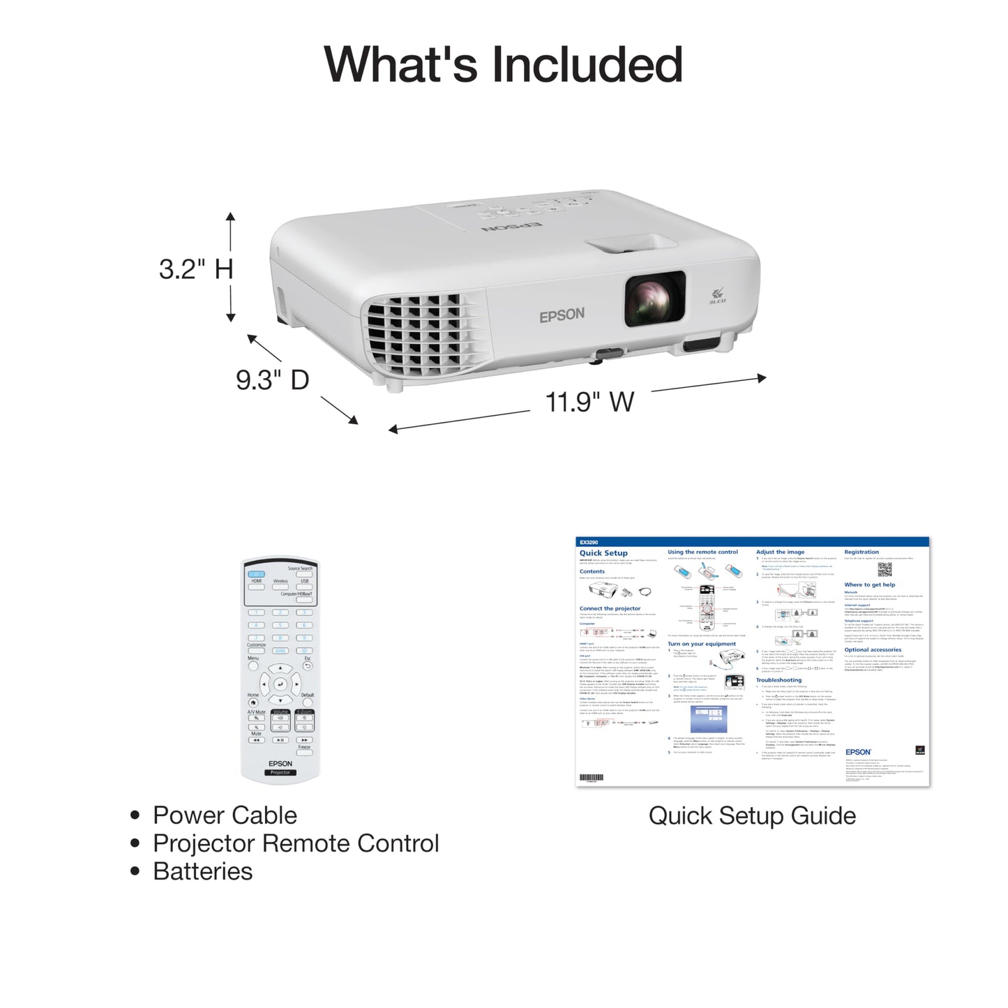 Epson EX3290 3-Chip 3LCD Widescreen WXGA Video Projector with Built-In Speaker, 4000 Lumens Color and White Brightness, 2x HDMI Ports