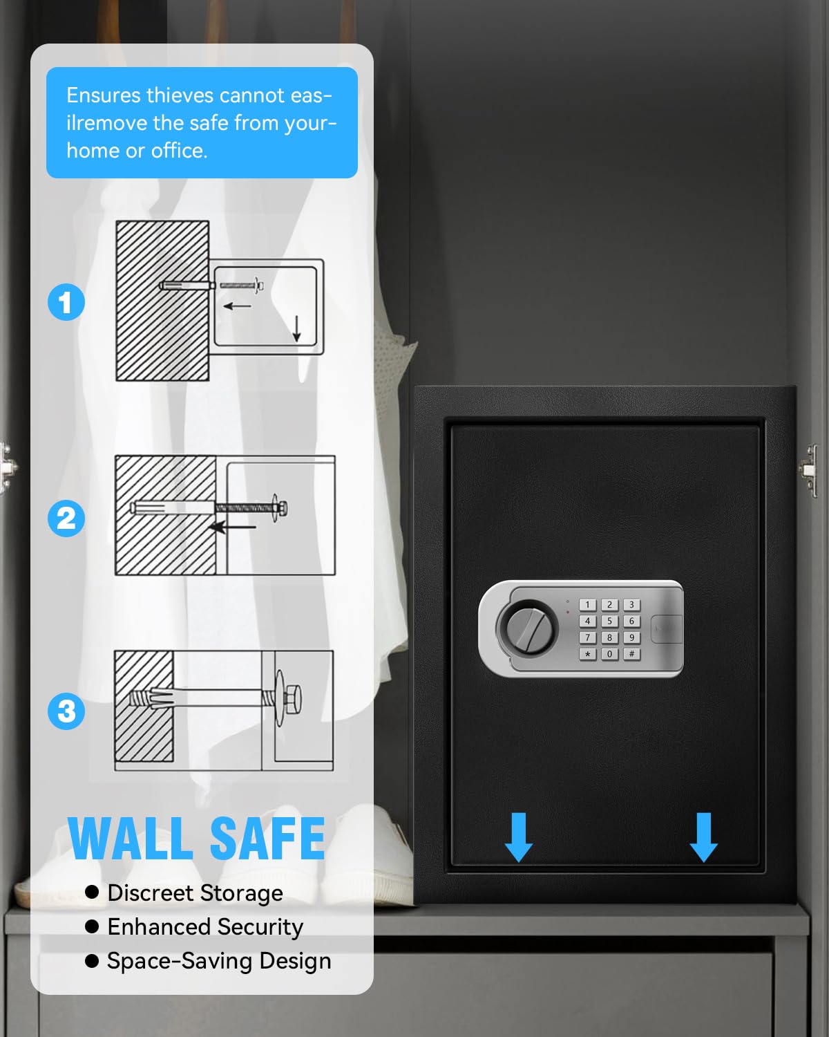 VaultHex Large Safe Box for Home - 3.0 CuFt Heavy-Duty Cabinet with Motion Light & Dual Alarm, Digital Keypad & Override Key, Removable Shelf - Spacious Black Safe for Documents, Laptops, and More