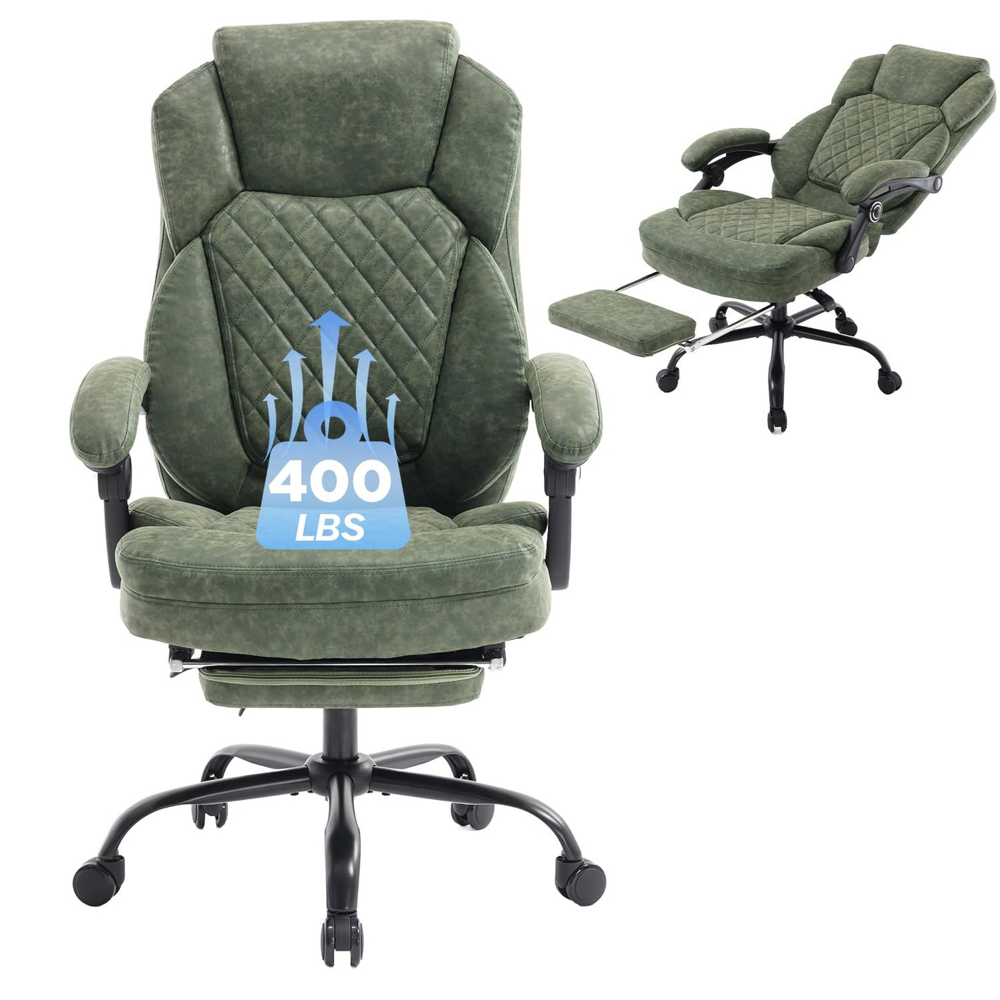 linting 400lbs Ergonomic Reclining Office Chair with Footrest, Plus Size Big Tall Leather Recliner Office Desk Chairs with Foot Leg Rest, Green