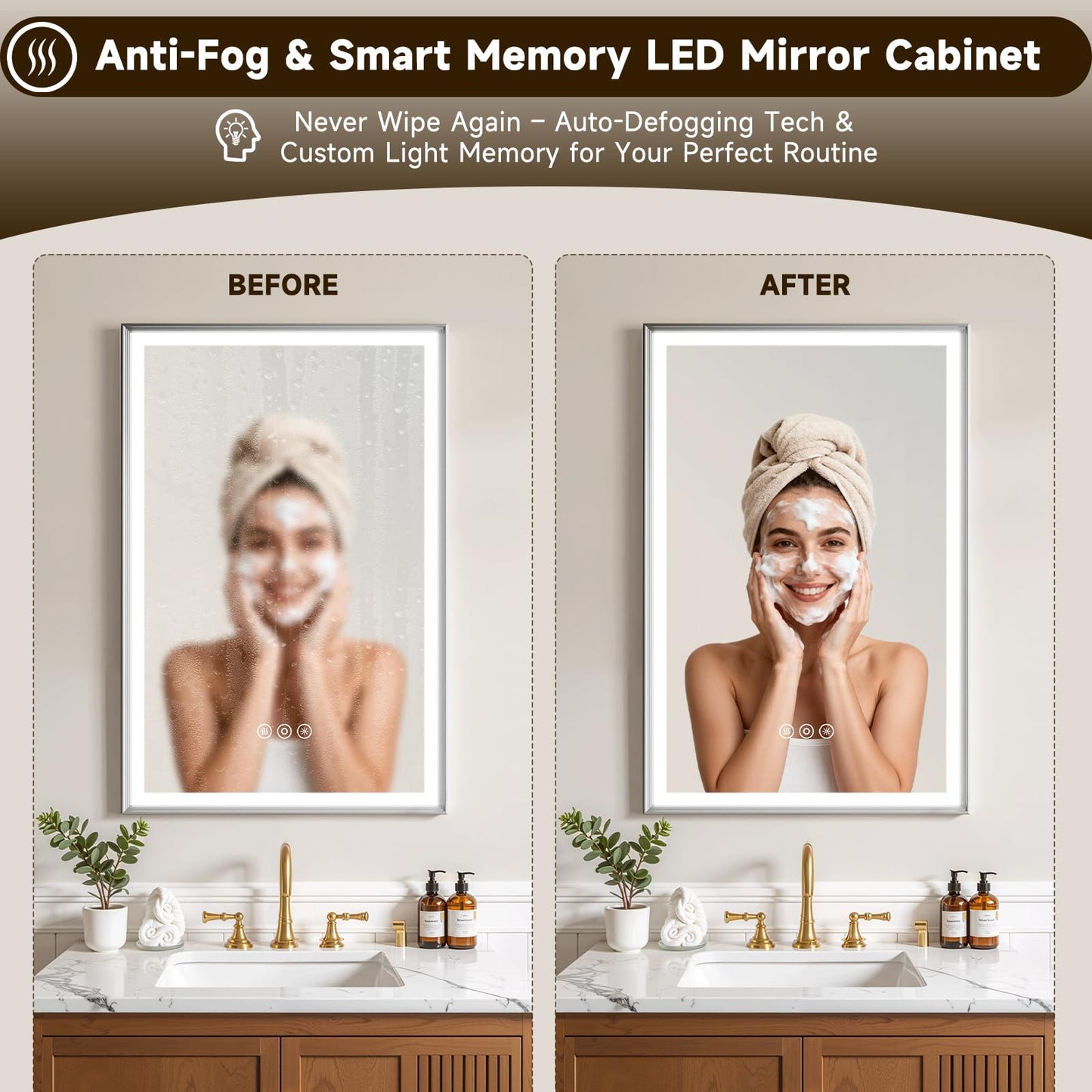 HGLITEDMIR 16x24 Inch Lighted Medicine Cabinet Gold Aluminum Frame 3-Color Dimmable LED Anti-Fog Mirror Surface & Recessed Mount for Bathroom Hotel Apartment Dressing Room Entryway