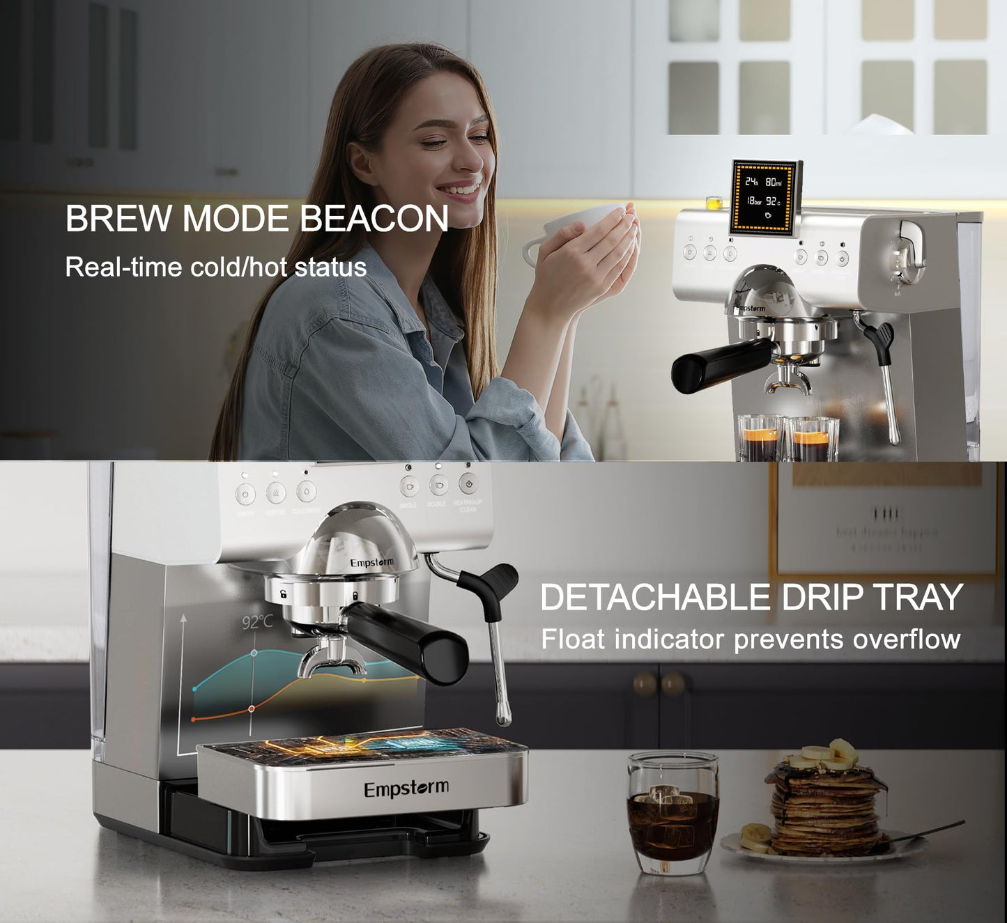 20 Bar Espresso Machine with Milk Frother Steam, Compact Stainless Steel Espresso maker with LED Display Cold Brew & Hot Coffee Maker, Professional Cappuccino Expresso Machine for Home and Office