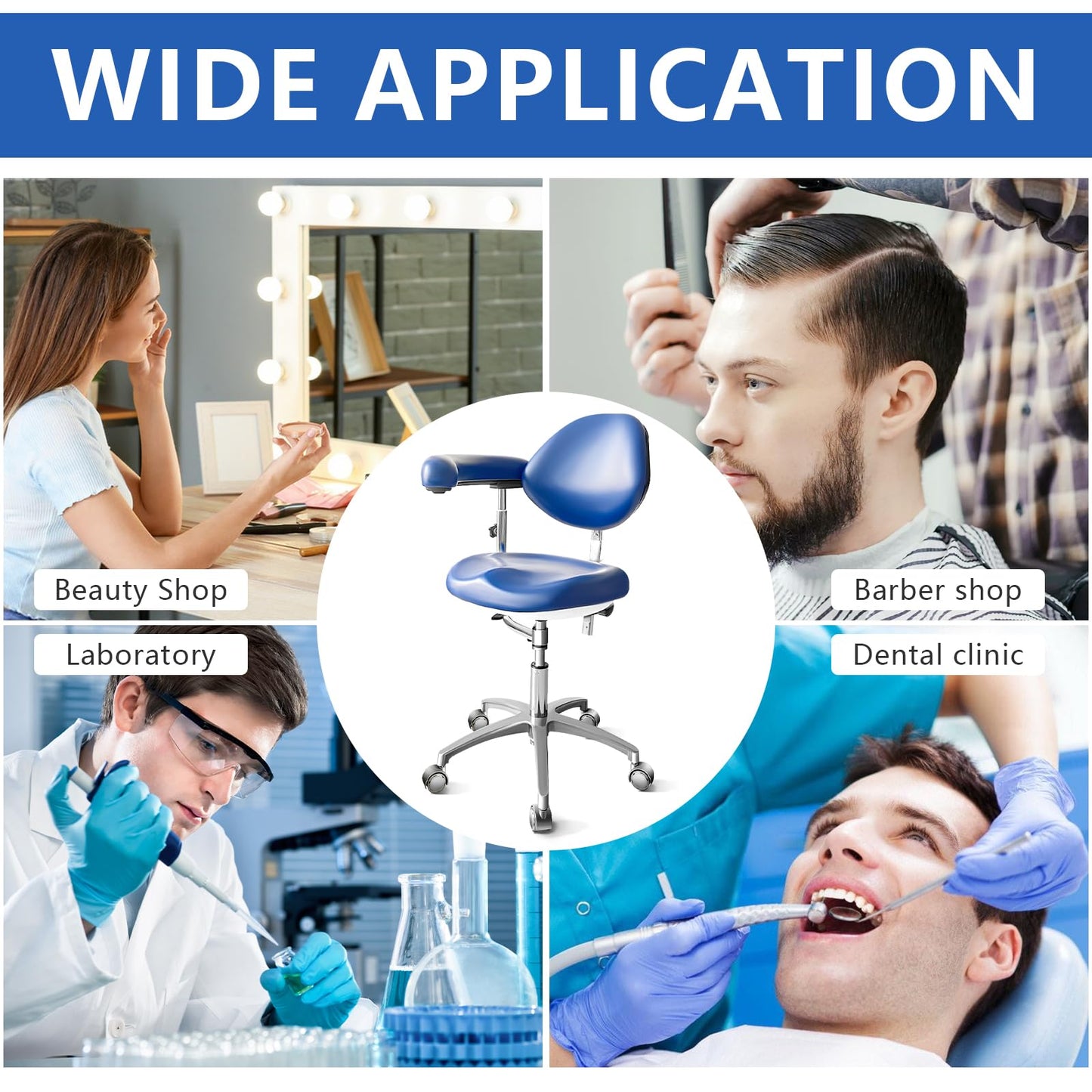 Dental Assistant Chair PU Leather with Swivel Armrests, Rolling Dental Chair, Ergonomic Swivel Dentist's Stool with Backrest for Clinics, Tattoo, Home and Laboratory - Blue