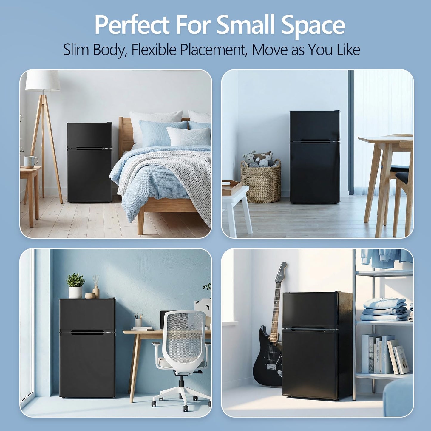 Electactic 2.6 Cu.Ft Mini Fridge with Freezer, Double-Door Compact Refrigerator, Adjustable Glass Shelves, Mechanical Thermostat & Built-in Casters, Space-Saving for Apartment/Dorm/Office, Black