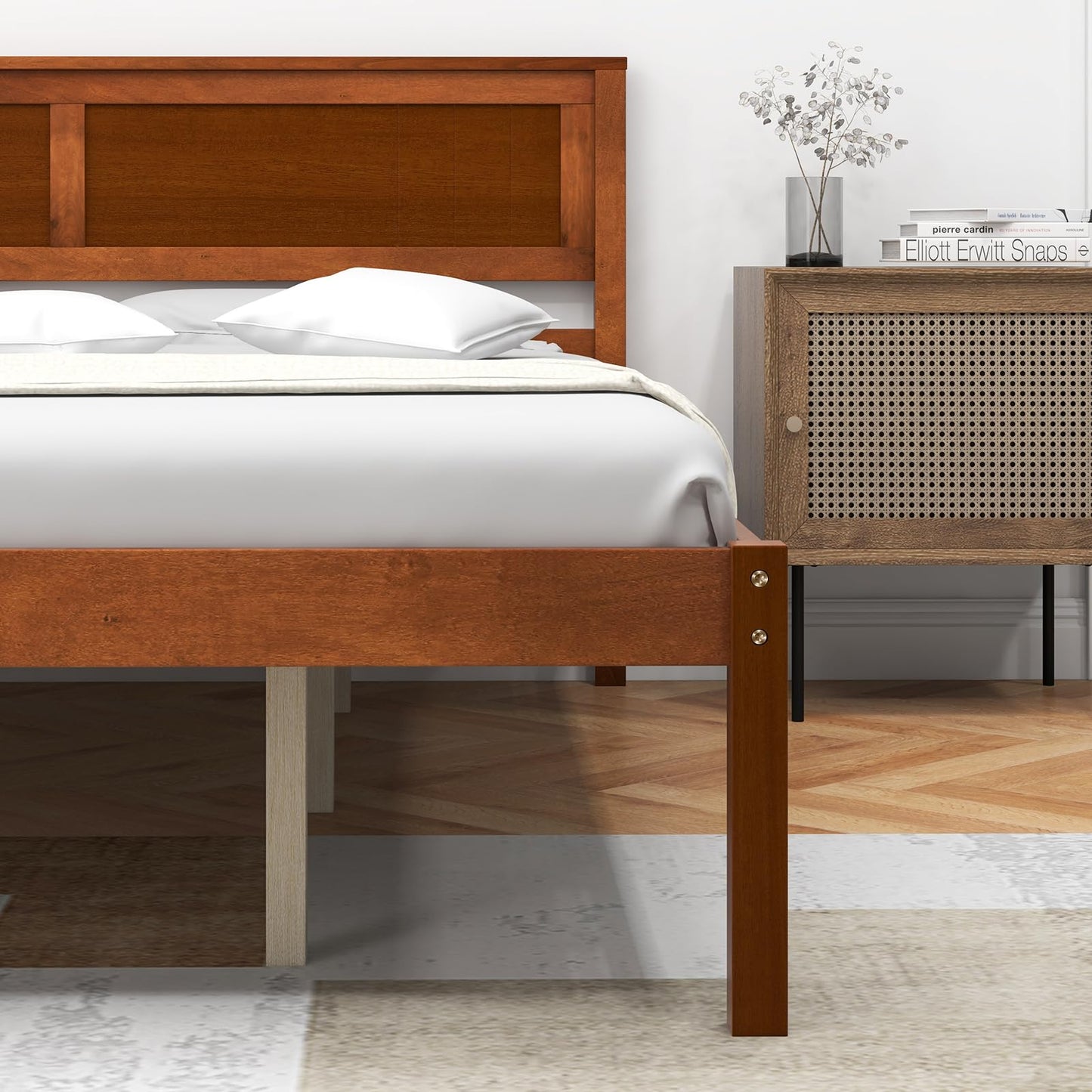 Giantex Wood Queen Platform Bed with Headboard, Mid Century Solid Wood Bed Frame with Wood Slat Support, Wooden Mattress Foundation with 12" Under Bed Storage for Bedroom, Easy Assembly, Walnut