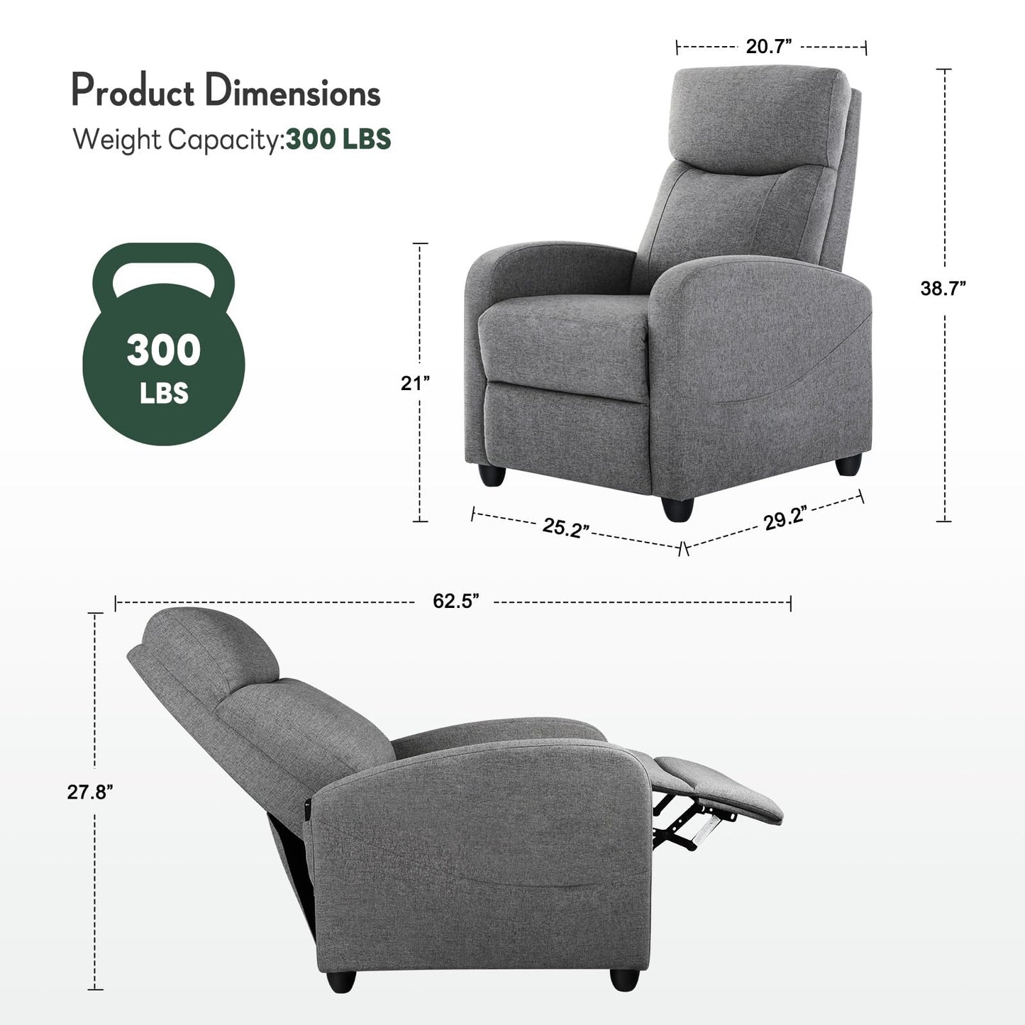 HAPPYMONT Recliner Chair, Recliner Sofa Fabric for Adults, Recliners Home Theater Seating with Lumbar Support, Reclining Sofa Chair for Living Room, Gray