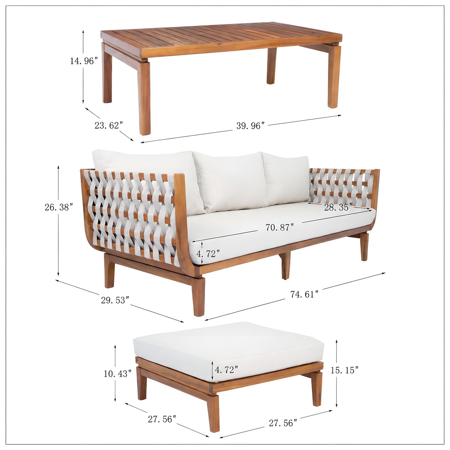 Merax 3 Piece Outdoor Patio Furniture Set,All-Weather Acacia Wood Sectional Sofa with Ottoman,1 Coffee Table for Porch, Lawn, Backyard, Balcon,Beige Rope & Water-Repellent Fabric Cushions,Teak+ Beige