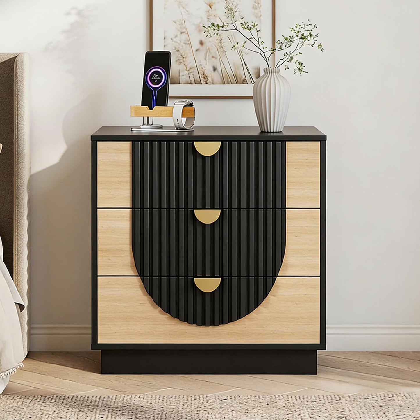 LegacyAmerhome 3 Drawer Nightstand with Charging Station,28" Fluted Night Stand & Modern Bedside Table, Wood End Table Storage Cabinet for Bedroom Hallway, Entryway,Black