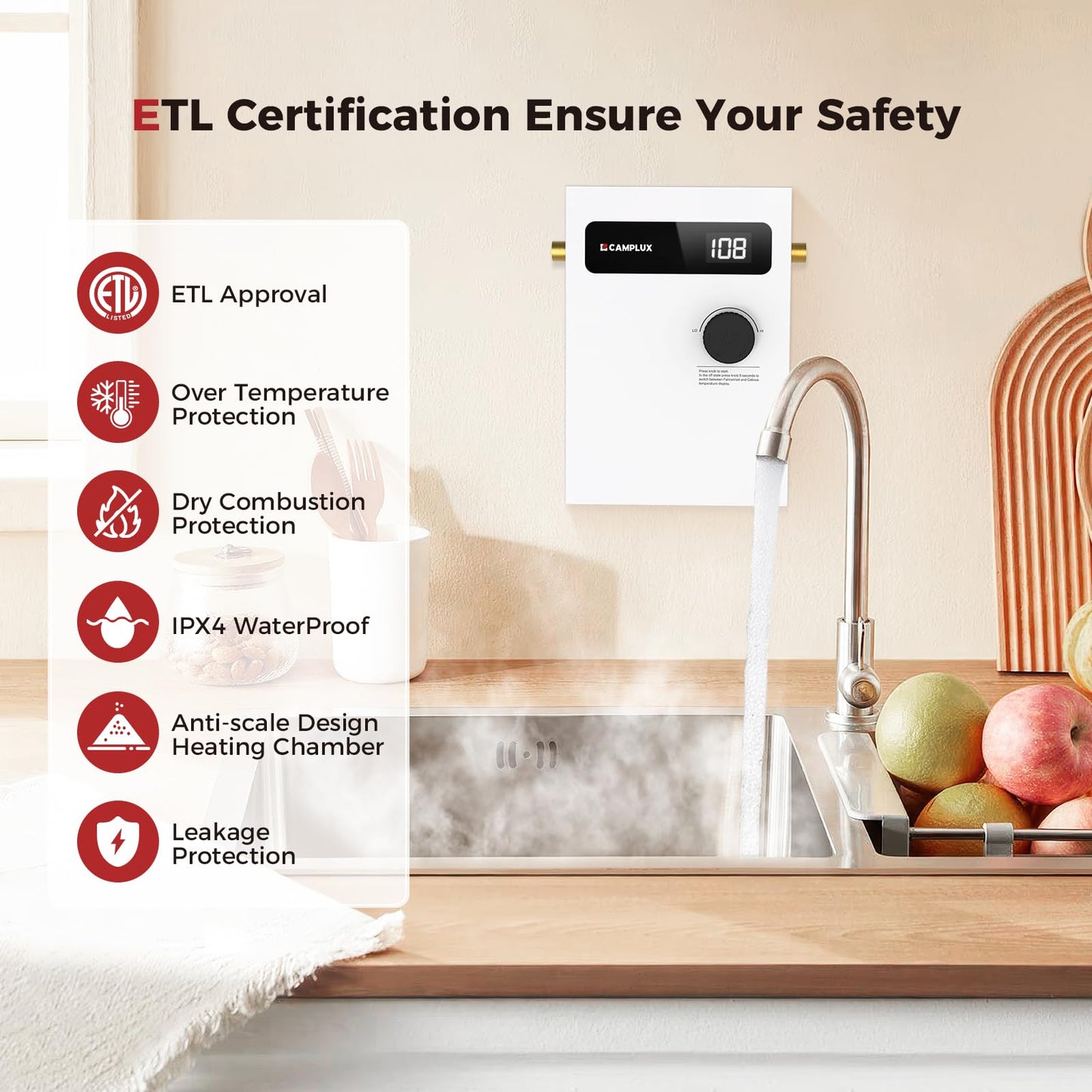 CAMPLUX Tankless Water Heater Electric 8kW 240 Volt, On Demand Instant Hot Water Heater with Self-Modulating Save Energy, Point-of-Use Side Water Connection for Easier Installation, ETL Certificated