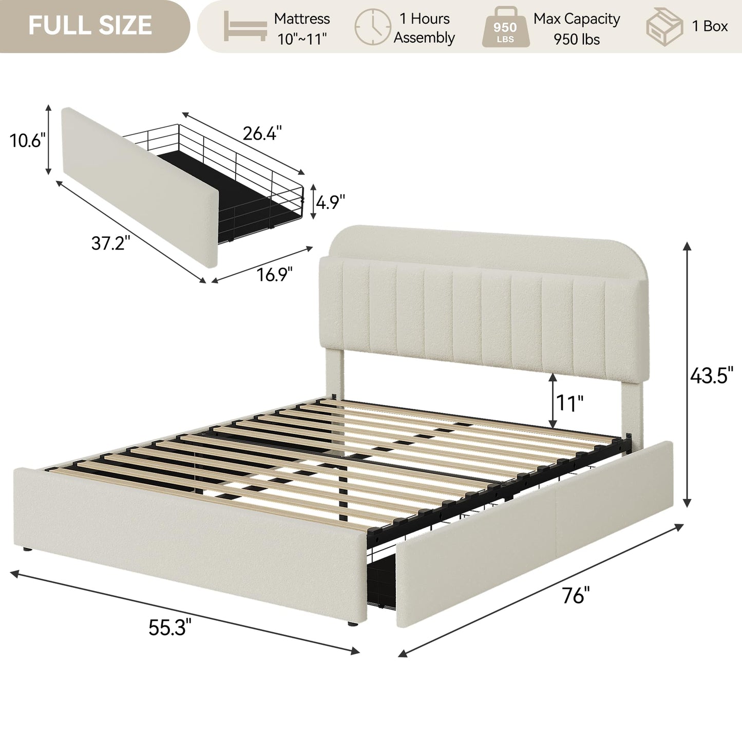 IDEALHOUSE Full Bed Frame with 2 Flexible Drawers and Bookcase Headboard, Boucle Upholstered Platform Bed for Boys/Girls, Noise-Free, Easy Assembly, No Box Spring Needed, Beige