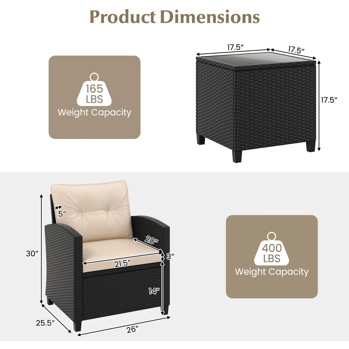 HAPPYGRILL 3 Pieces Wicker Patio Conversation Set, PE Rattan Bistro Sofa Set with Tempered Glass Coffee Table, Washable Cushions, Outdoor Furniture Set for Garden Poolside Balcony (Beige)