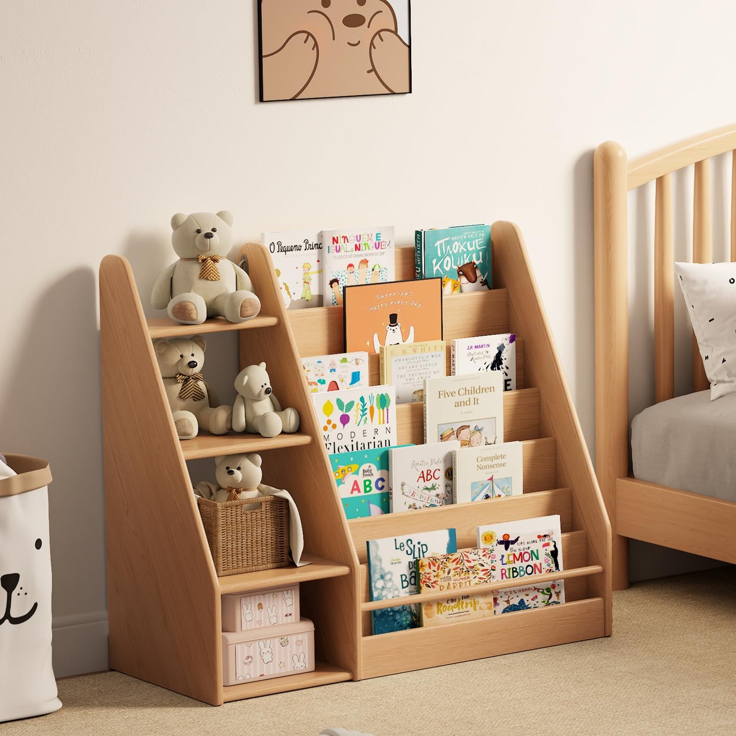DONGMUWUJEE Solid Wood Kids Bookshelf and Storage Organizer, 7 Layer Children Bookcase, Baby Toddler Wooden Book Shelf, Display Cabinet for Playroom, Bedroom, Classroom, Nursery, School, Natural