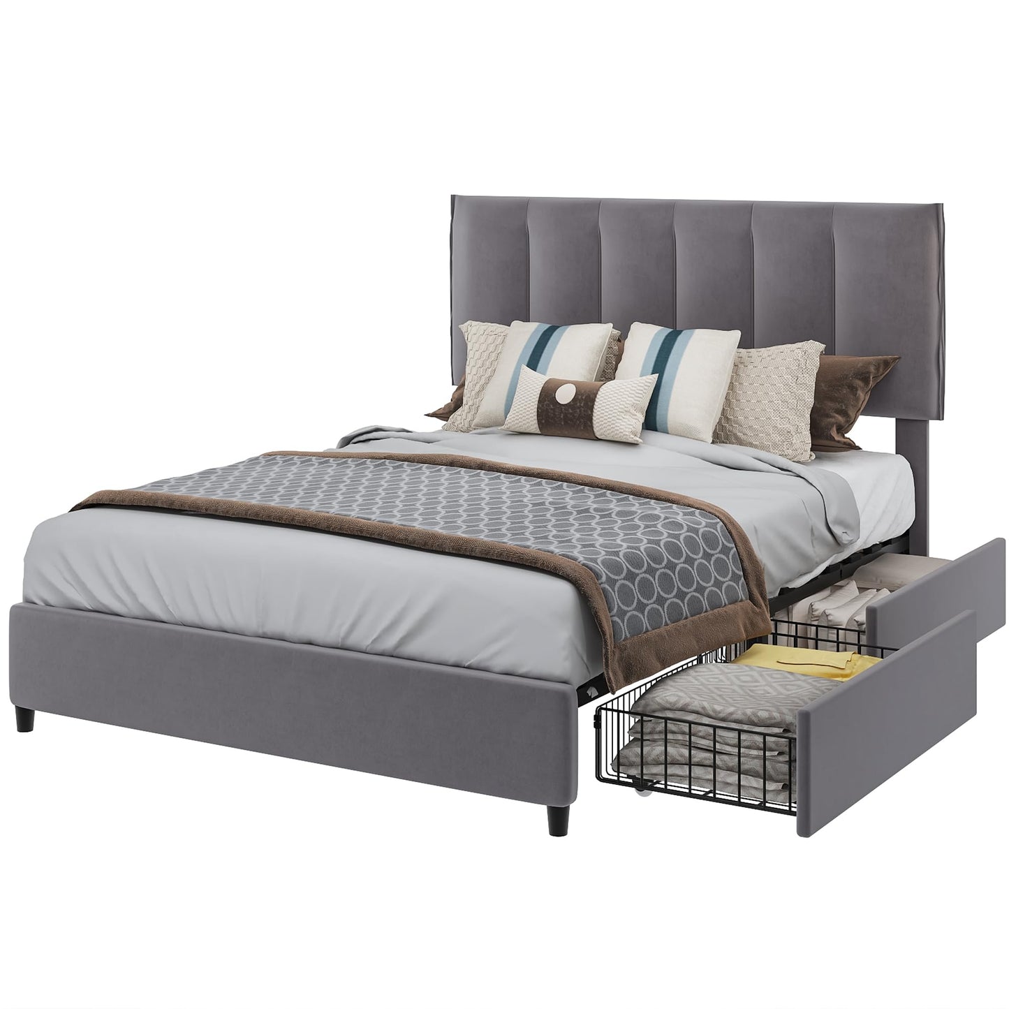 VECELO Full Size Bed Frame with 4 Storage Drawers, Adjustable Height Headboard, Heavy-Duty Platform Bedframe with Strong Wooden Slats, No Box Spring Needed, Dark Grey
