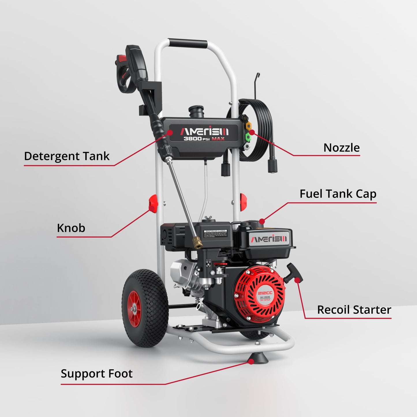 AMERISUN Gas Pressure Washer 3800 PSI 2.5 GPM, Gas Powered Pressure Washer 212CC 4-Stroke OHV Engine, 10" Wheels 5 Nozzle Set for Cars Fences Driveways Patios Furniture Home